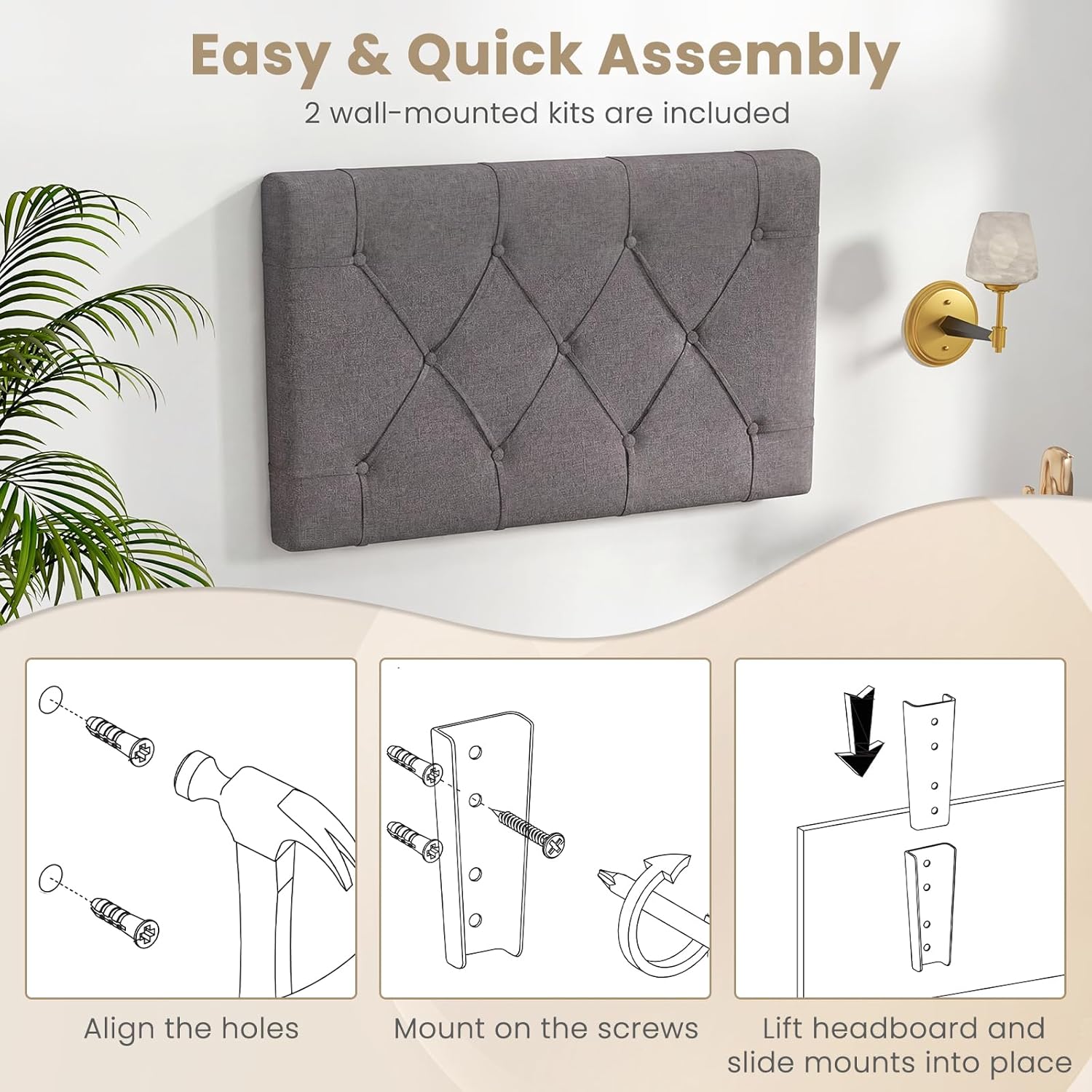 Giantex Upholstered Headboard for Twin/Twin XL Size Bed, Wall Mounted Twin Headboard Only, Modern Button Tufted Headboard for Dorm Bedroom, Attachment Device Included, Dorm Headboard, Gray