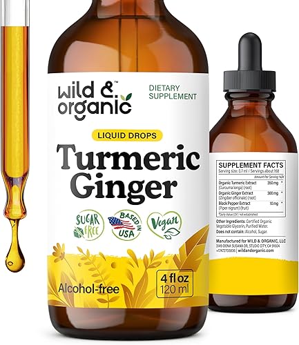 Wild & Organic Gotas de suplemento de cúrcuma y jengibre, apoyo articular e inmunológico, curcumina líquida de cúrcuma con pimienta negra y