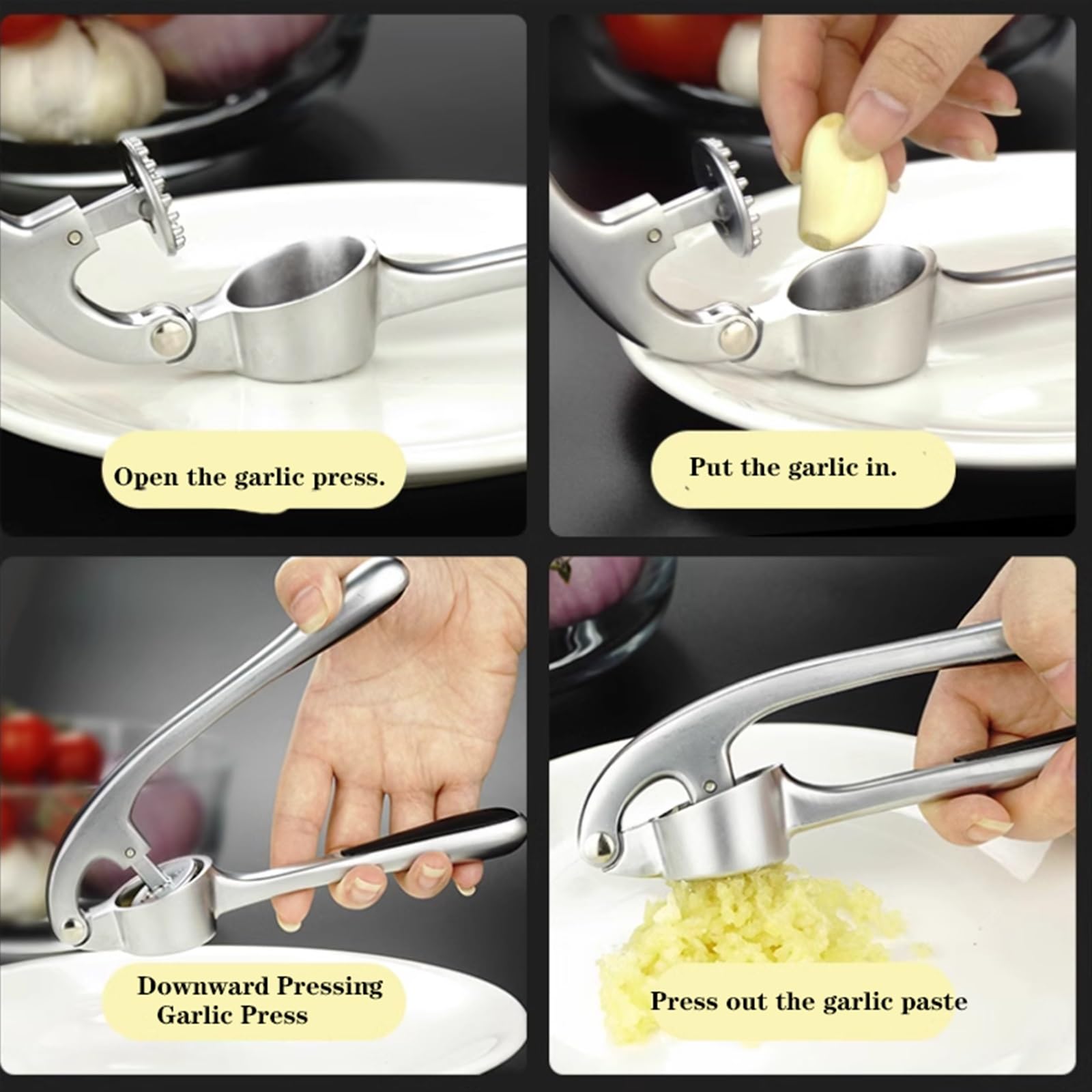 Knoblauchpresse, robuster manueller Fleischwolf, einfach zu drücken, ergonomischer Griff, rostfrei, spülmaschinenfest für mühelose Knoblauchzubereitung und Kochen