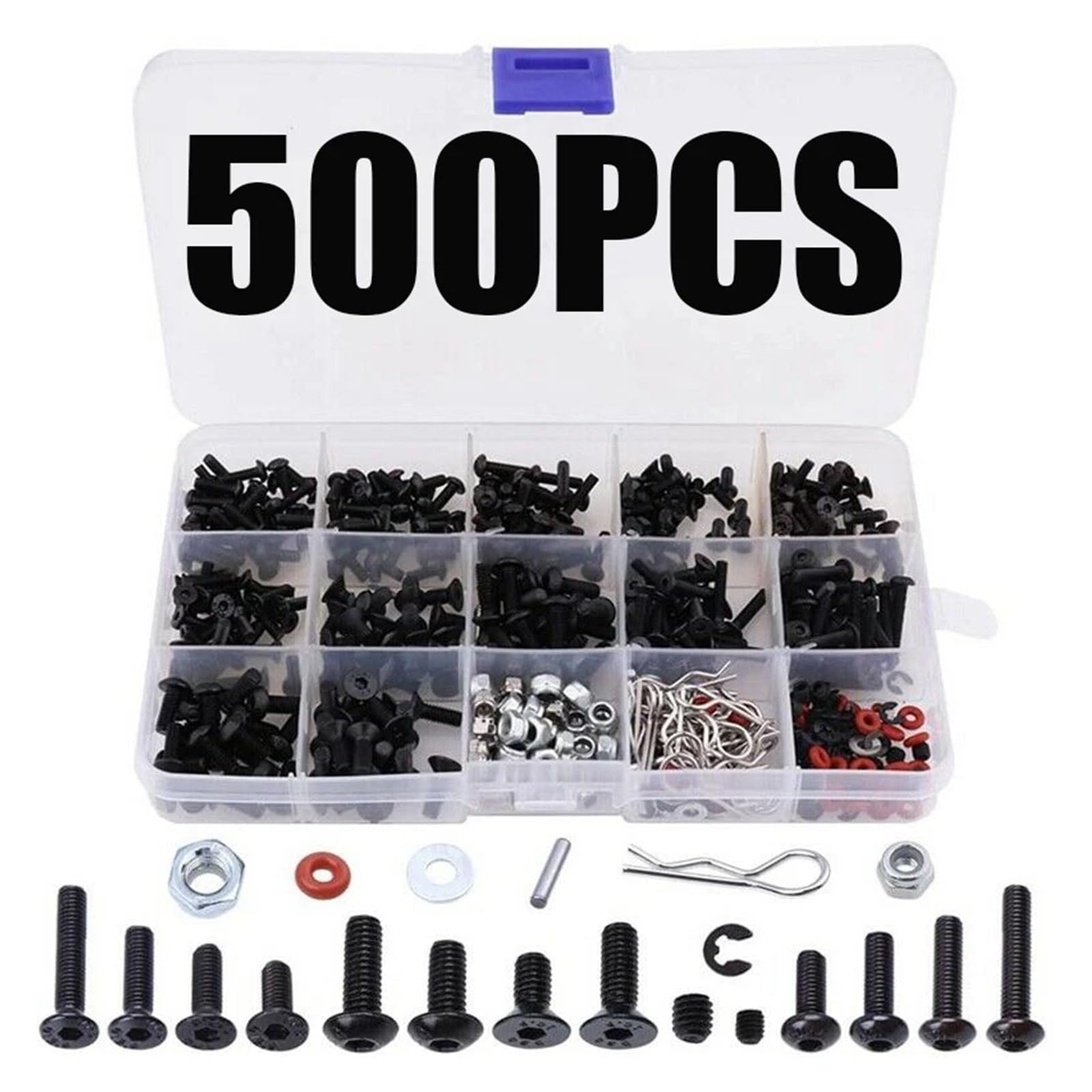 Kit De 500 Tornillos Y Tuercas Para Coches RC - Surtido Para Reparación De Modelos 1/8, 1/10, 1/12, 1/16 | Con Caja De Almacenamiento