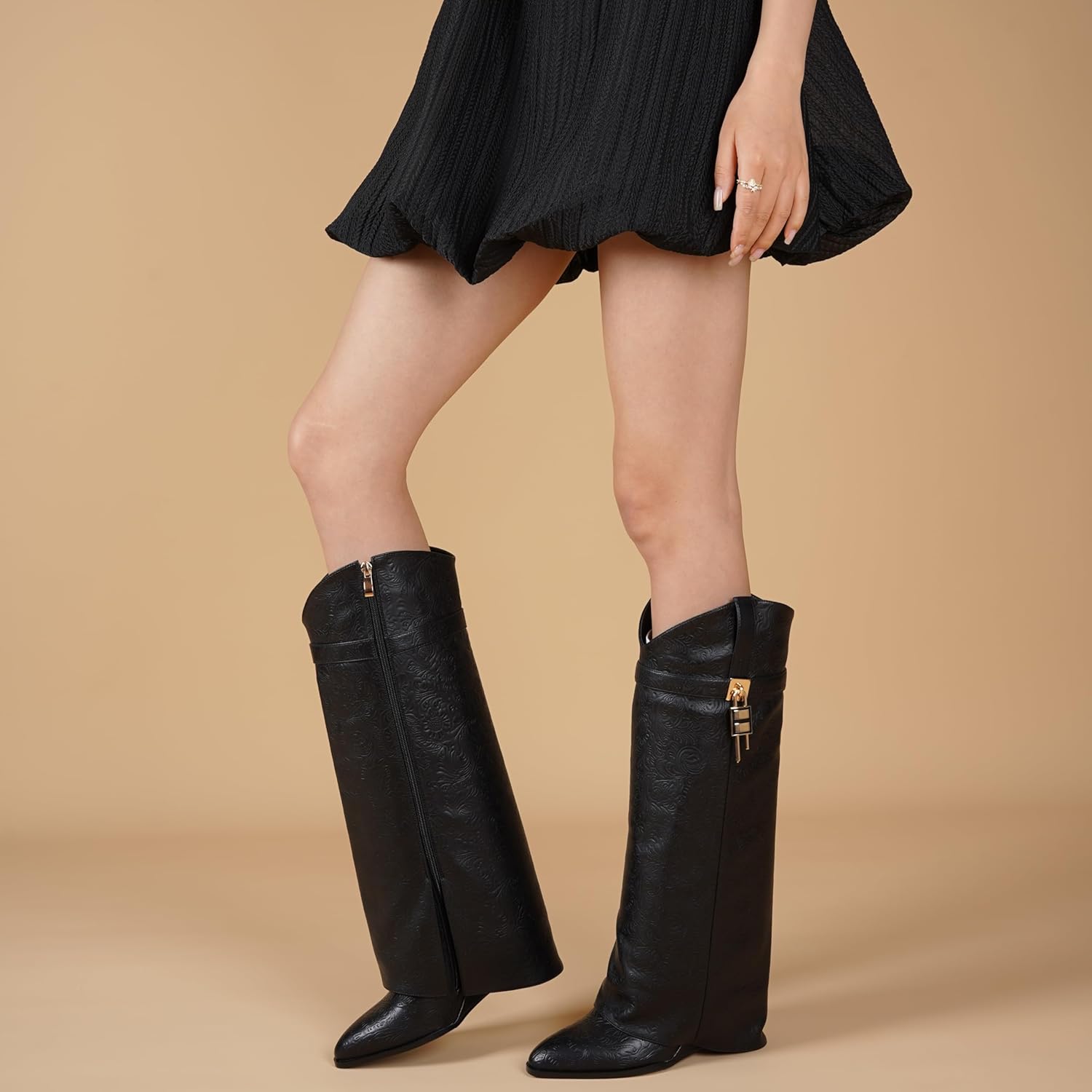 Fold Over Boots for Women Pointy Pull-on Wedge Heel Knee Shark Boot With Side Zipper Padlock Design - Image 4