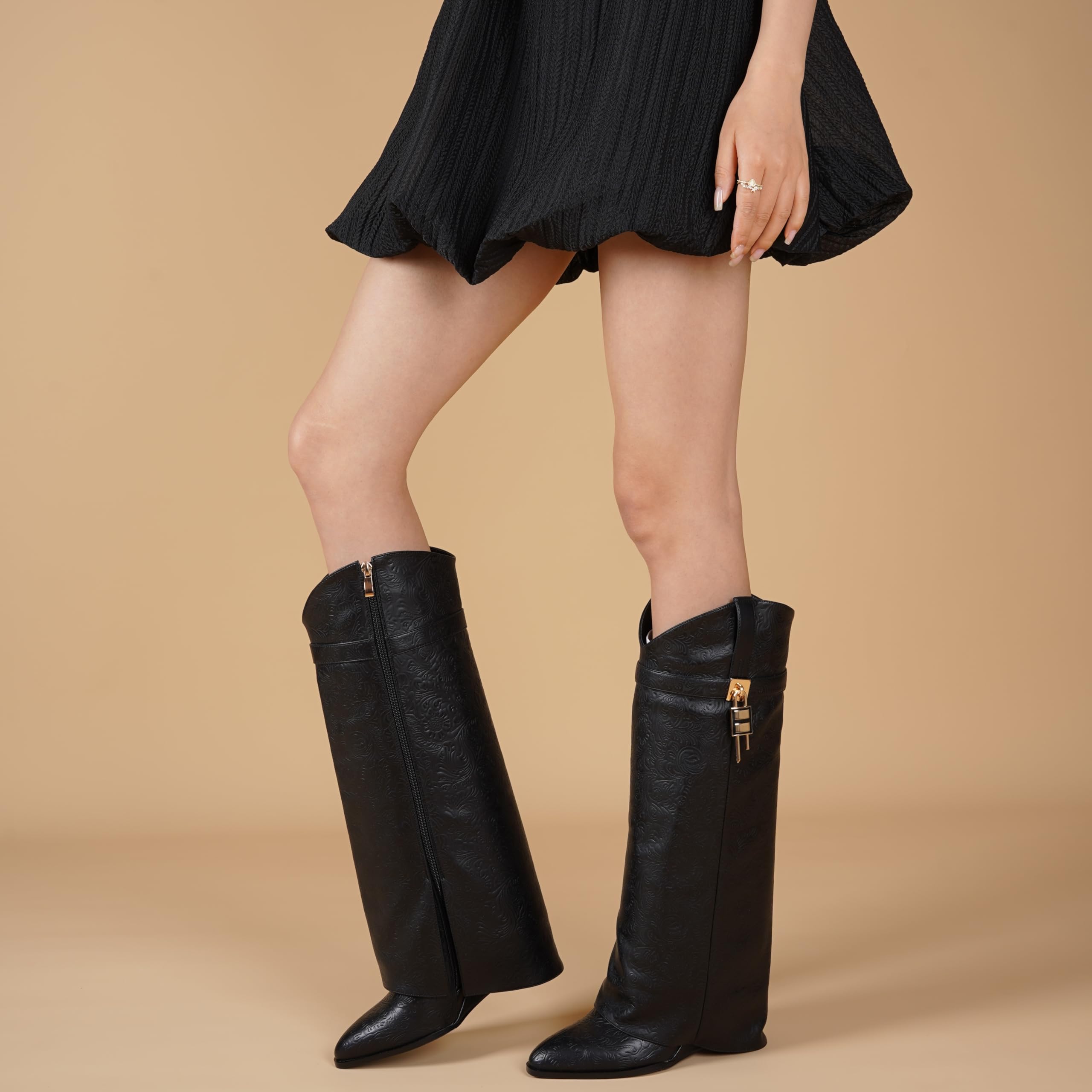 CDHYX Fold Over Boots for Women Pointy Pull-on Wedge Heel Knee Shark Boot With Side Zipper Padlock Design: 7.5 Black-yh