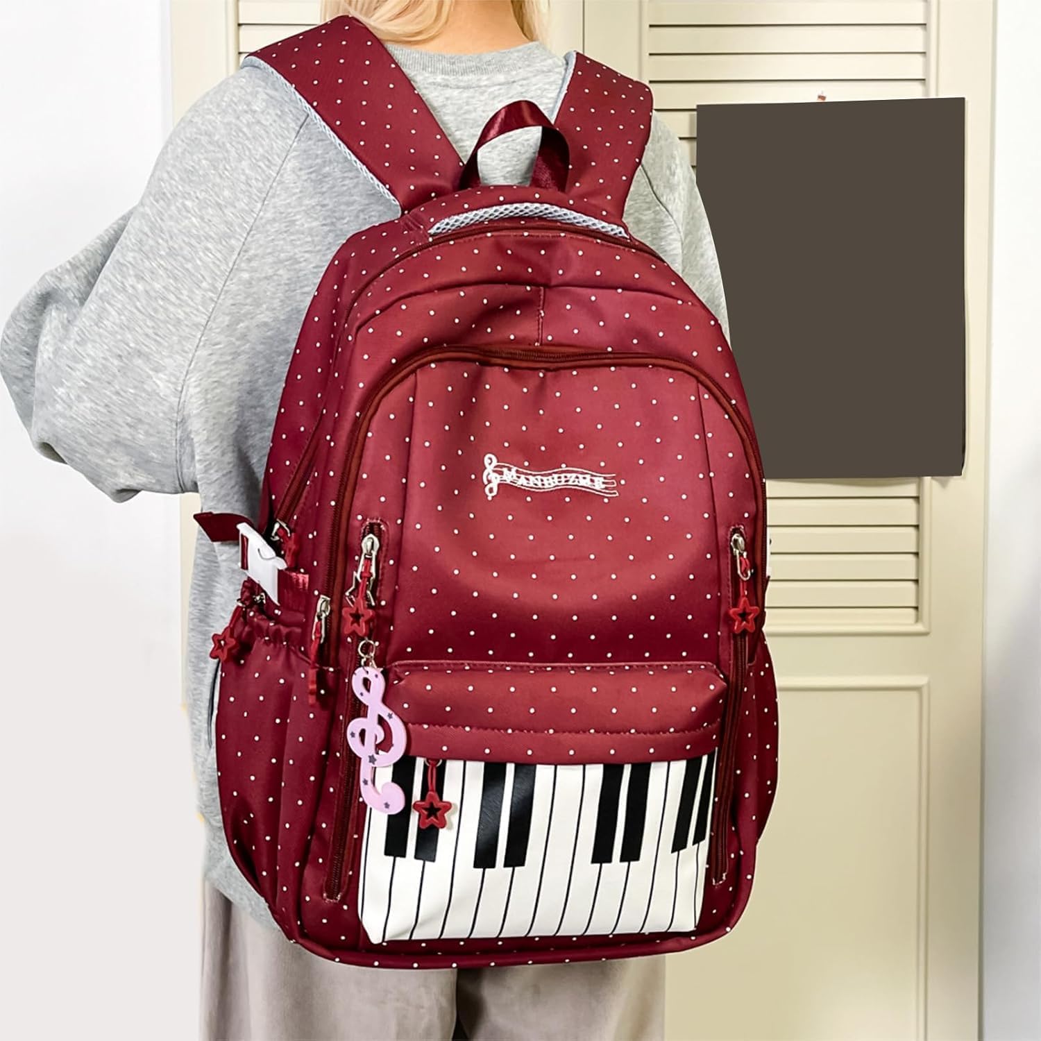 Mochila de Lunares, Bolsa Escolar Roja en Nylon con Teclas de Piano para Adolescentes (Blue-A)