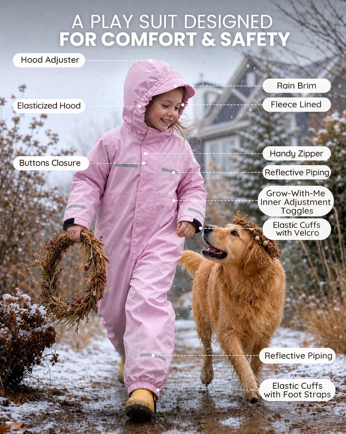 JiAmy Kids Fleece Lined Rain Suit - One Piece Muddy Buddy for Toddler Boys Girls, Full Body Raincoat for Autumn Winter(1-10Y)