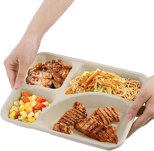 Miniatura 5 de Lyellfe Paquete de 50 platos de papel compostables, plato de caña de azúcar natural de 4 compartimentos, bandeja de almuerzo resistente, plato