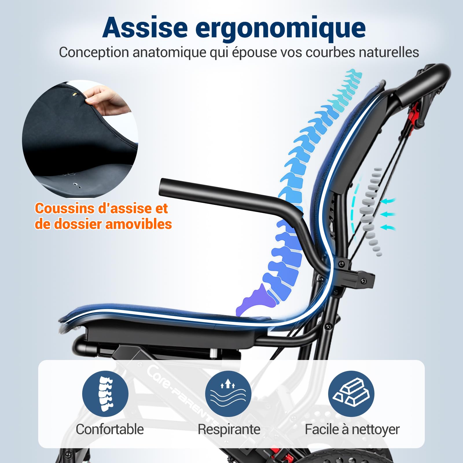 Care Parents Fauteuil Roulant de transfert Pliable(10kg),42cm Siège,Aluminium,Chaise Roulante Voyage,Mode Valise,Accoudoirs Relevables,Assise Ergonomique,Coussins Amovibles,Jusqu'à 100kg(CP-0903)
