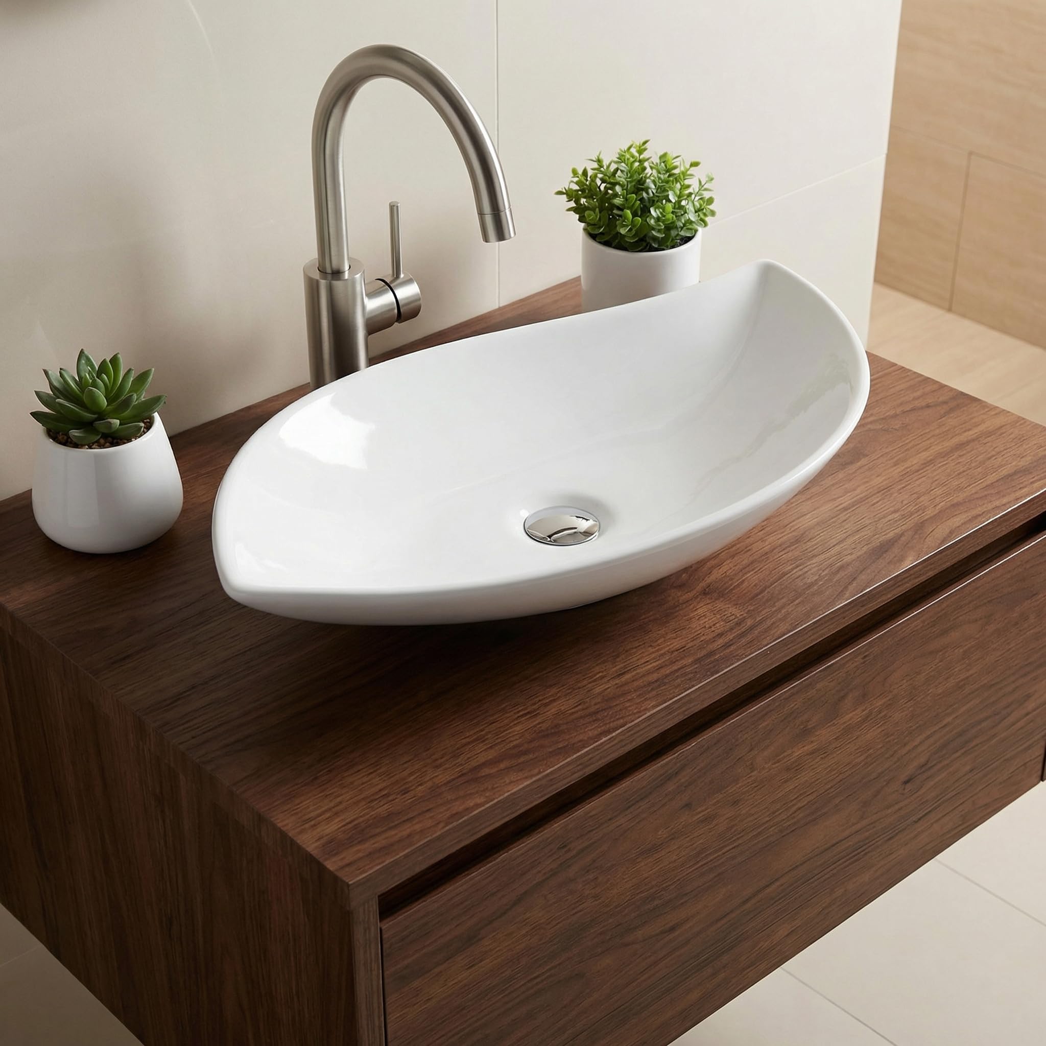 Design Waschbecken Aufsatzwaschbecken 66,5 x 40 cm länglich Weiß Waschschale Modern Keramik