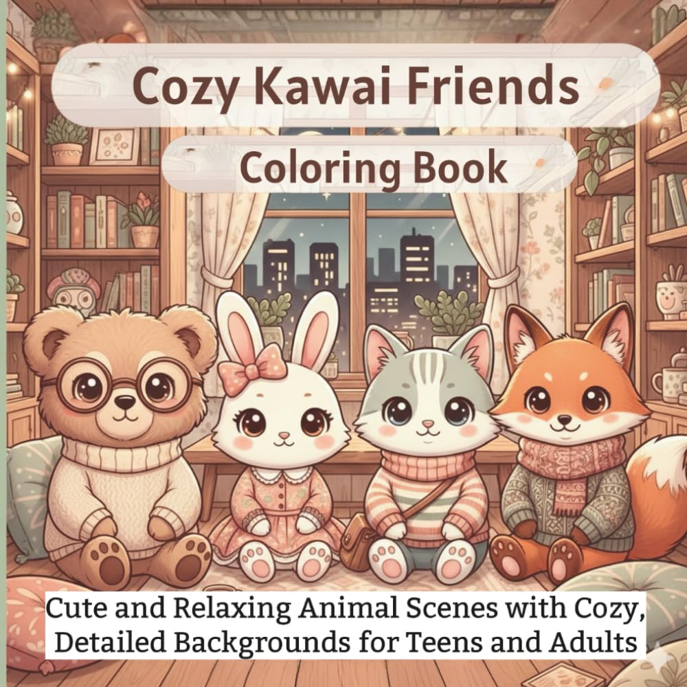 Cozy Kawaii Animal Friends Coloring Book: Cute and Relaxing Animal Scenes with Cozy, Detailed Backgrounds for Teens and Adults