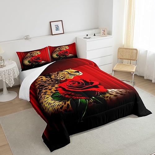 Miniatura 3 de Erosebridal Juego de ropa de cama con diseño de rosa de guepardo, juego de edredón abstracto degradado, tamaño Queen, estampado de leopardo, flores,