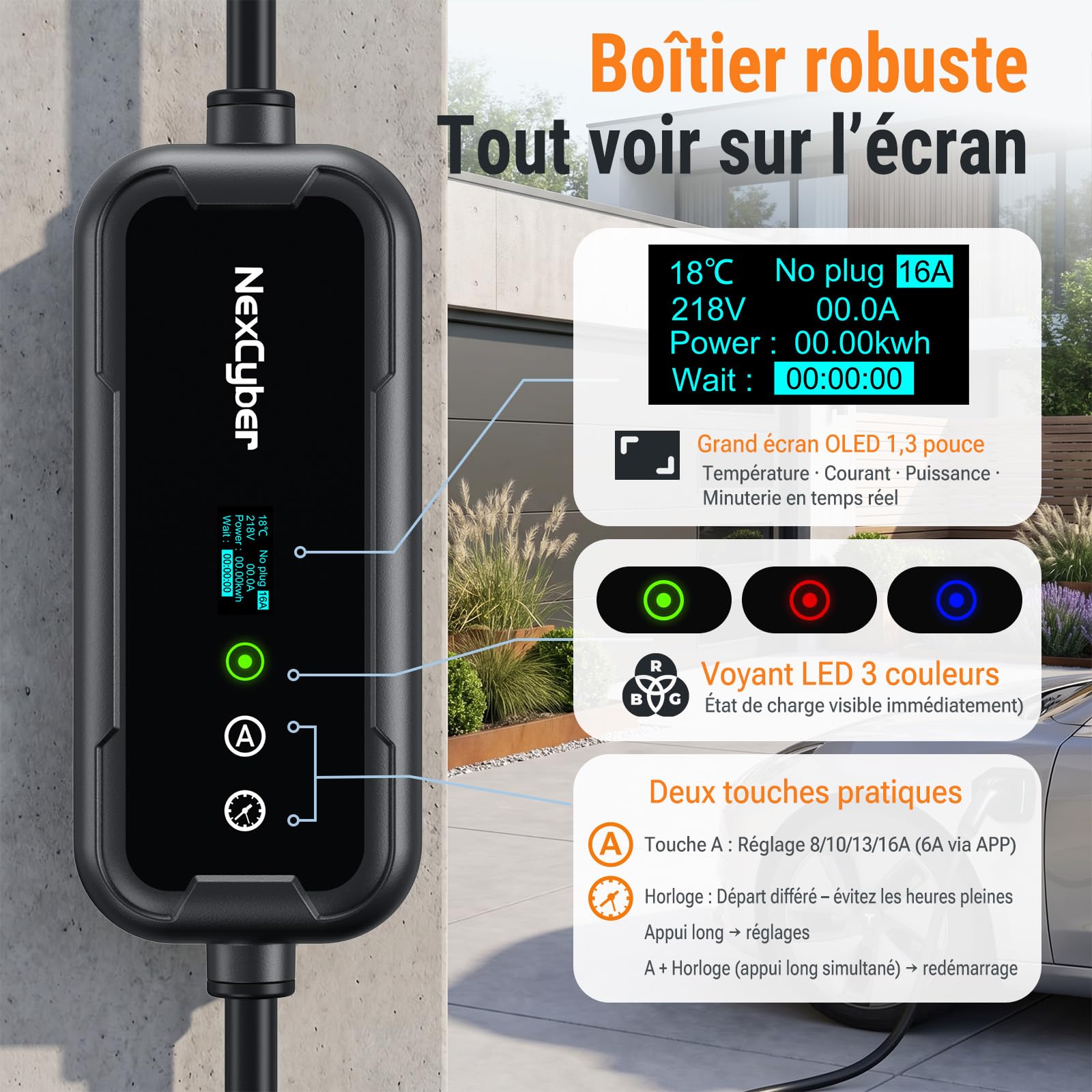 Chargeur Voiture Electrique 3.68kW Mobile avec App & OLED, 5,6M monophasé 230V, 8-16A réglable, Prise CEE 20A 2 pôles IP66+FI, Type 2, Mural & Portable, pour Model 3/Y, ID.3, etc. BEV/PHEV