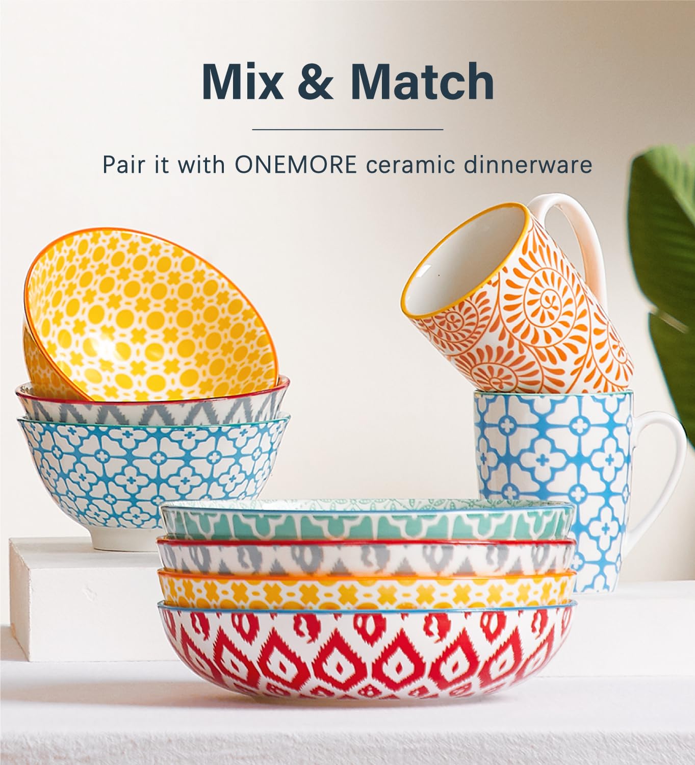 ONEMORE Coloful Zestaw 6 kubków do kawy 350 ml, bezpieczne w kuchence mikrofalowej, ceramiczne kubki z uchwytem, nadają się do zmywarki/piekarnika, trwałe, unikalne opcje na prezent, różne kolory