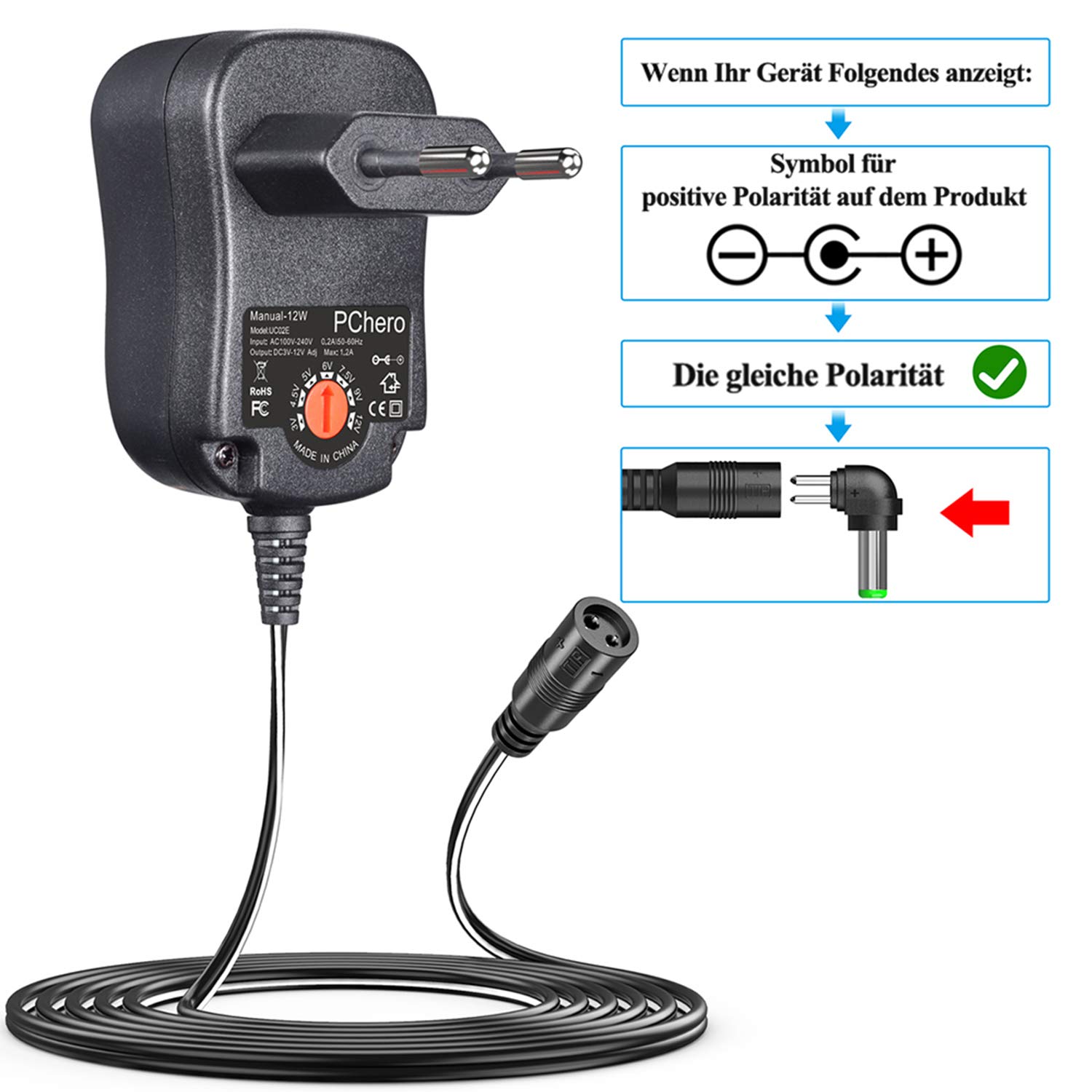 PChero 12W Alimentatore Universale AC/DC con 8 Spine DC, Adatto per Dispositivi da 3V a 12V