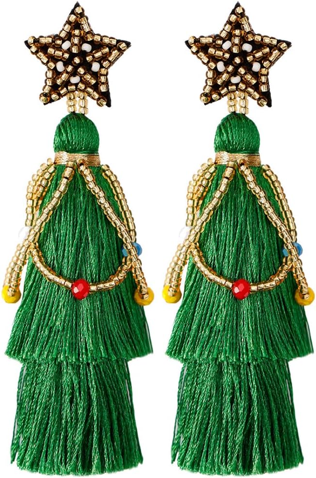 Christmas Earrings for Women, Cute Green Christmas Gift Bow Dangle Earring, Holiday Crazy Party Drop Stud Earrings