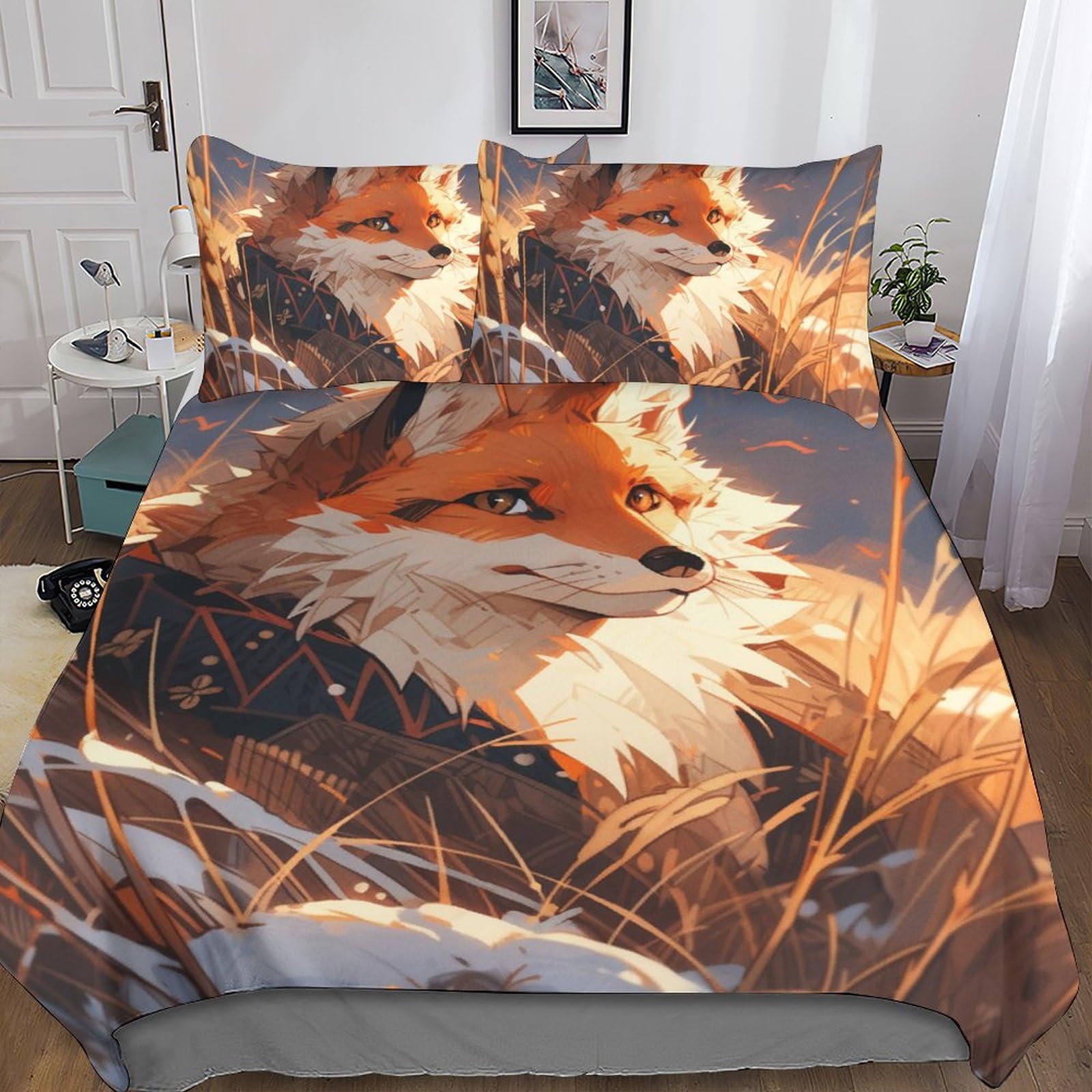 Parure de lit renard 3D housse de couette 220x240cm avec taies d'oreiller pour lit 2 personnes