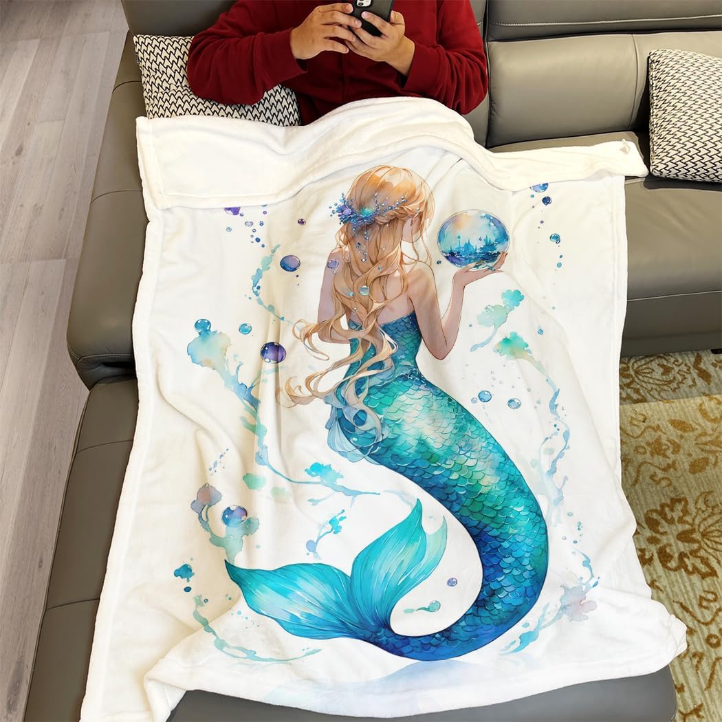 60"x80" Watercolor Mermaid Blanket - Soft Fleece Throw, Enchanted Crystal Ball Design for Bedroom