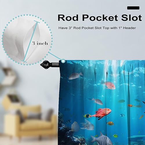 Miniatura 5 de Blue Ocean - Cortinas de cocina para niños, diseño de peces tropicales, bolsillo para barra, cortina pequeña para cafetería, baño, cortinas cortas
