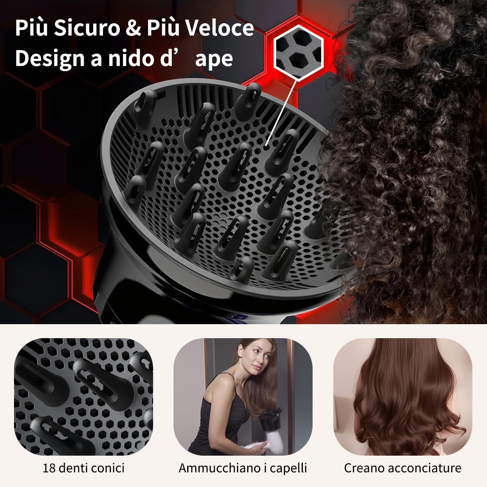 AISEELY Diffusore per Capelli, Universale dei Capelli Diffusore, Diffusore Per Asciugacapelli In Silicone, Diffusore per Capelli Ricci Neri Regolabile da 4cm a 7cm