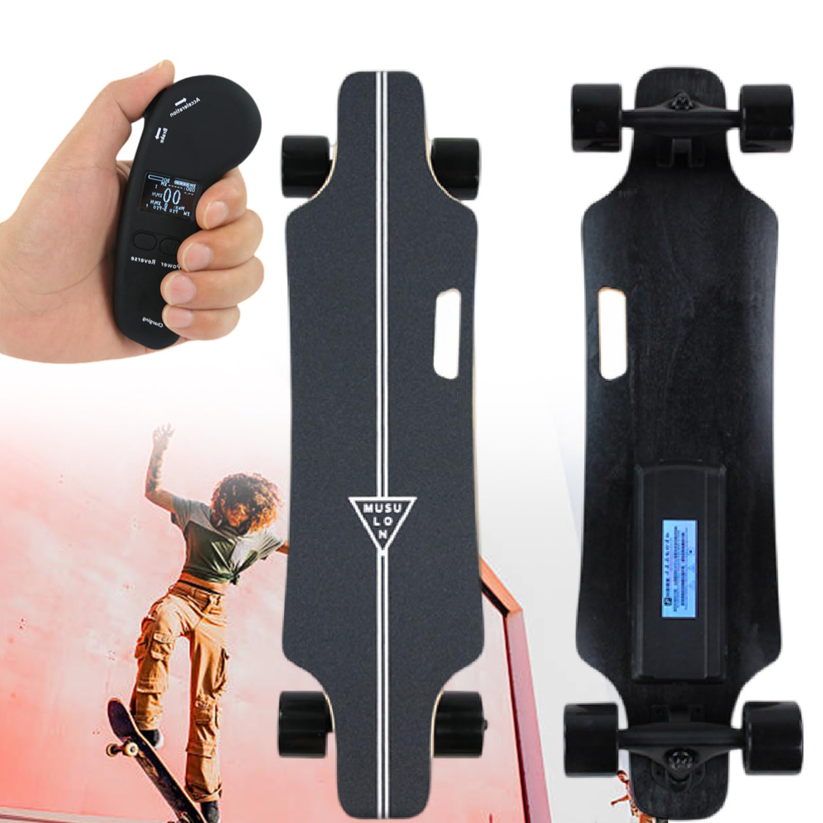 Skateboard Elettrico Longboard/Skateboard Elettrico - Deck in Acero A 7 Strati con Assorbimento degli Urti,Pendenza del 15%-30%, Telecomando A LED con Controllo A 4 velocità 15km