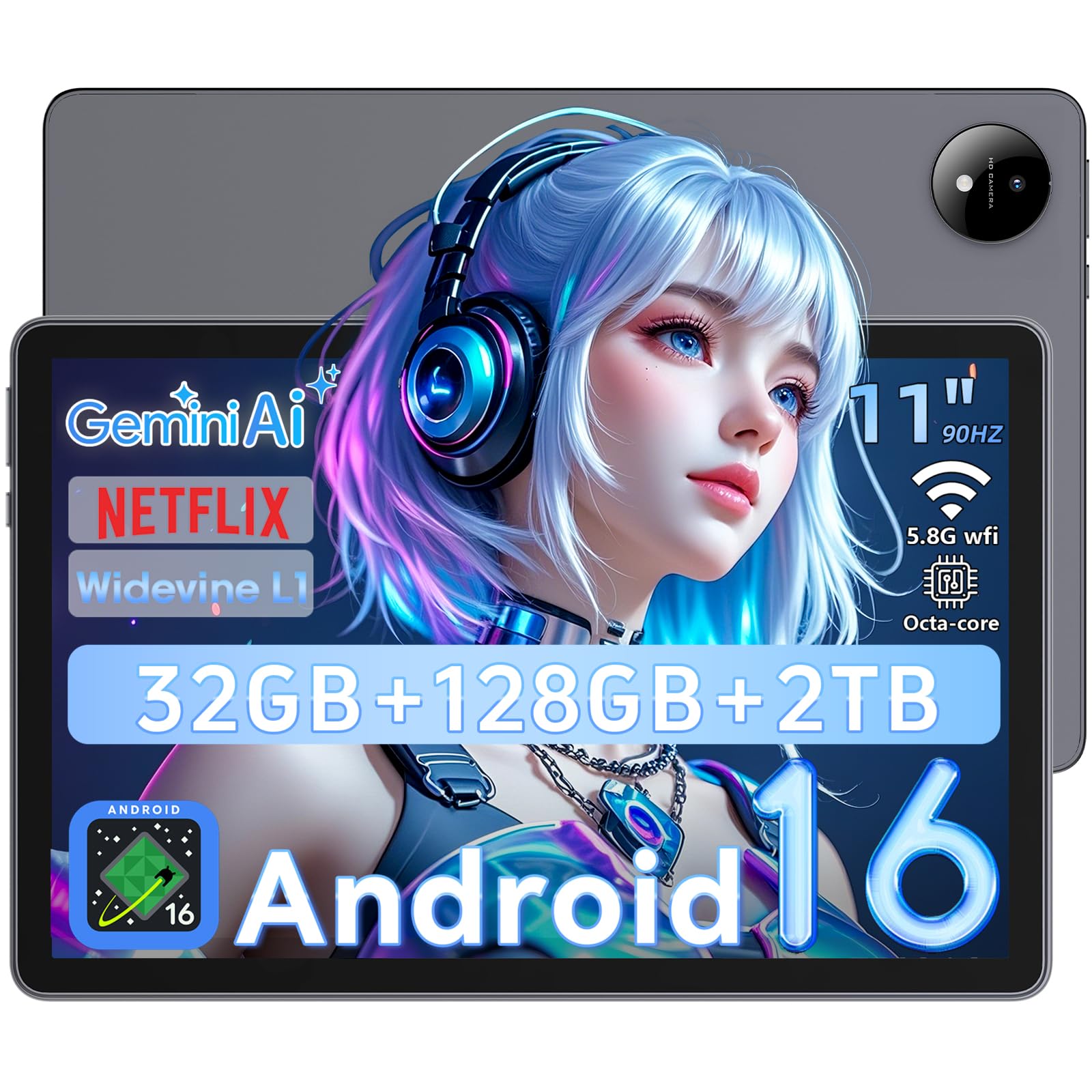 Raemond Tablet 11 pollici Android 16, Tablet Octa-Core, 32 GB RAM + 128 GB ROM (2 TB TF), Display IPS FHD 1920x1200, 8000 mAh, 16 MP + 8 MP, Wi-Fi 5,8 GHz + 2,4 GHz, Widevine L1, BT 5.0, GPS (Grigio)