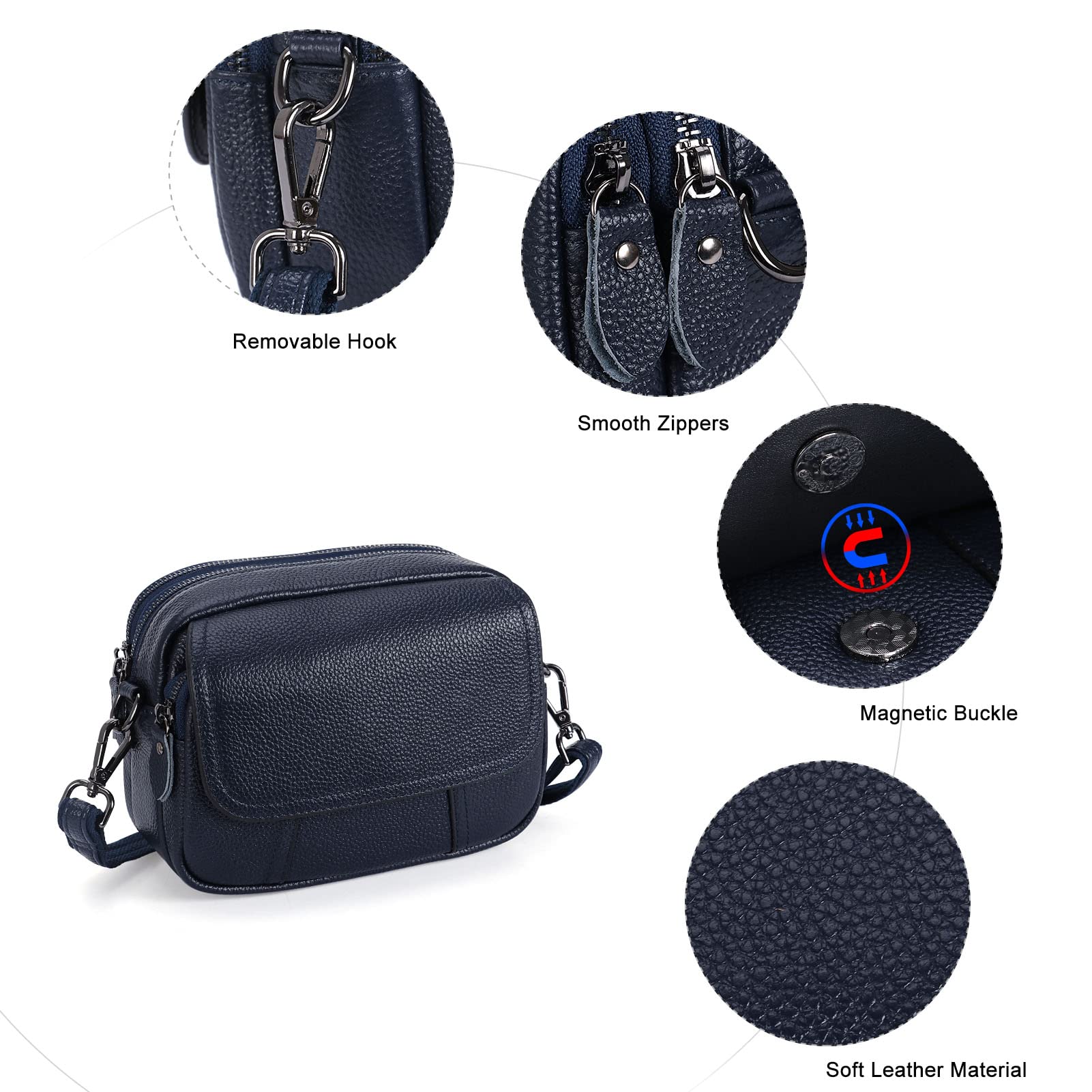 HUA ANGEL Bolso Bandolera Mujer Piel Auténtica, Bolso Pequeño de Cuero con 3 Compartimentos, Bolsos Mujer Móvil Elegante Bolsitos para Diario Trabajo Viaje Fiesta