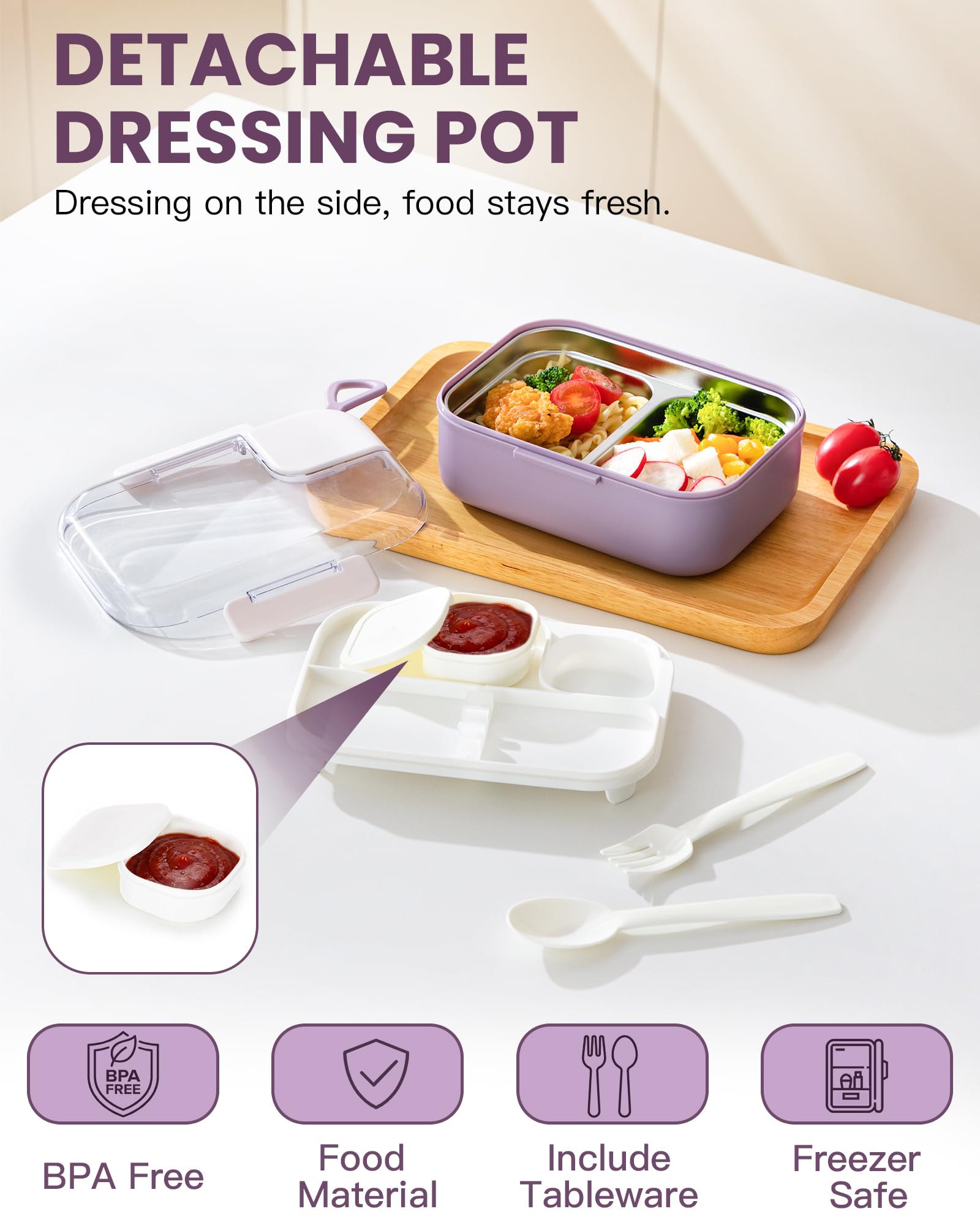 Lille Home Fiambrera ensaladas, 750 ml, acero inoxidable, 2 compartimentos, bol con recipiente para aderezo, fácil de transportar, libre de BPA (morado)