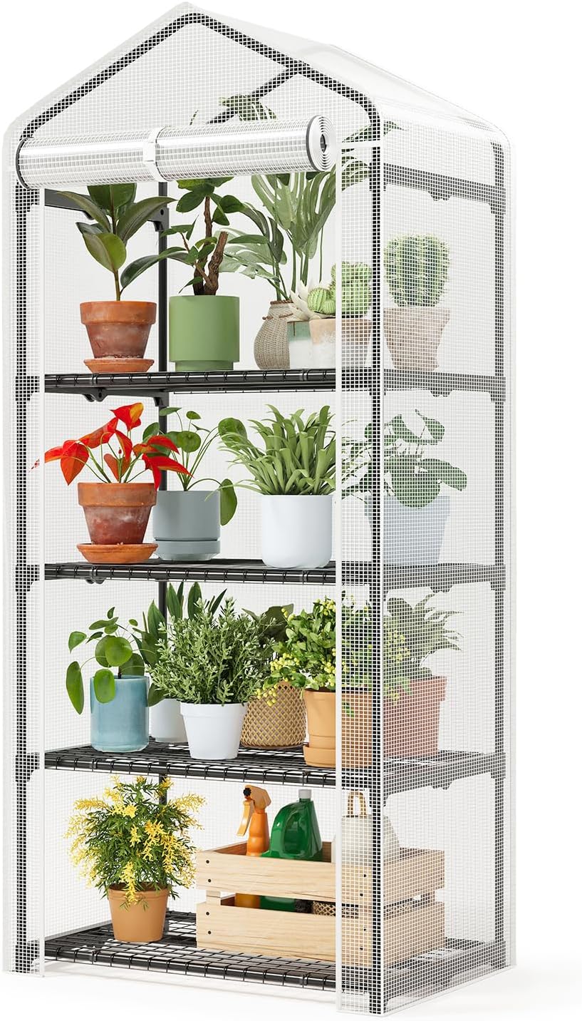 SUPERLELE 4 Tier Mini Greenhouse for Indoor Outdoor, 19.3x27.2x62in Portable Plant Greenhouse with Adjustable Shelves, Reinforced PE Mesh Cover, Heavy Duty Steel Frame, Waterproof for Balcony Patio