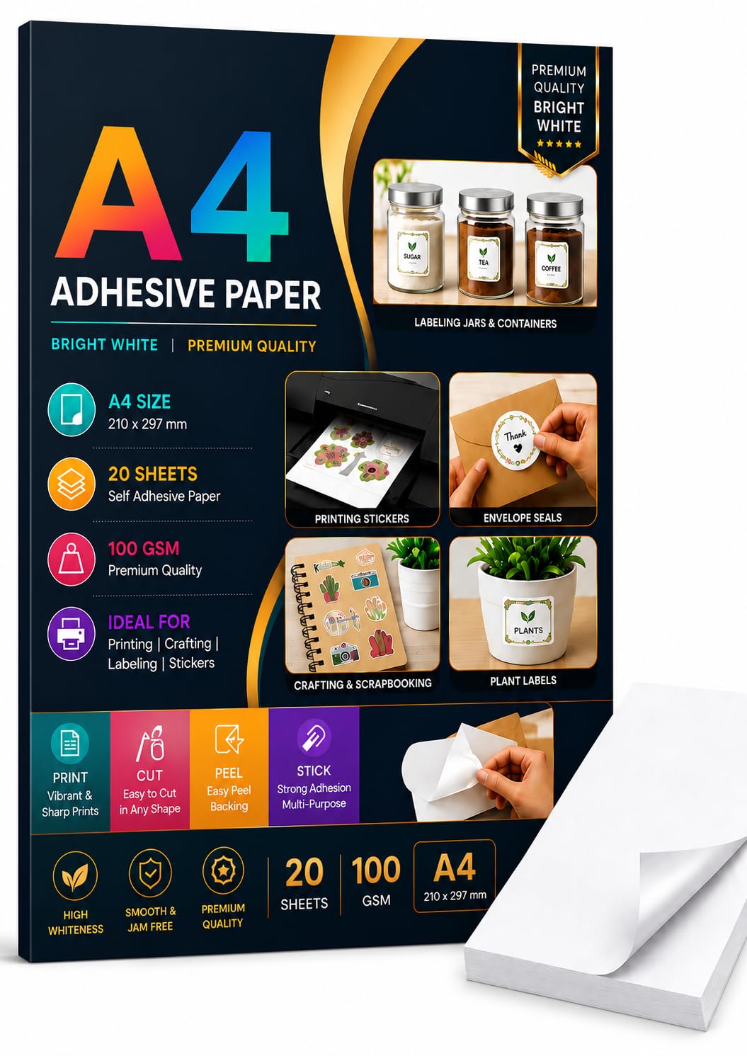 A4 Self Adhesive Paper for Inkjet & Laser Printers | 100 GSM Sticker Paper | 20 Sheets | Strong Adhesive Label Paper for Labels, Stickers, Packaging & DIY Crafts-image-23