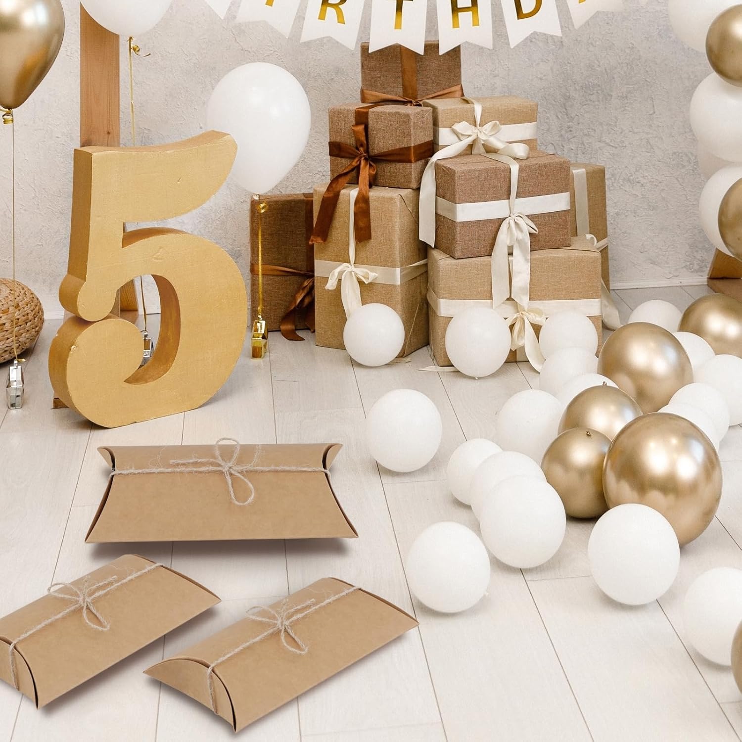 SEUNMUK 150 PCS 6.9 x 4 x 1.5 inch Pillow Boxes, Kraft Mini Favor Pillow Packaging Boxes with Twines for Anniversary, Birthday, Wedding