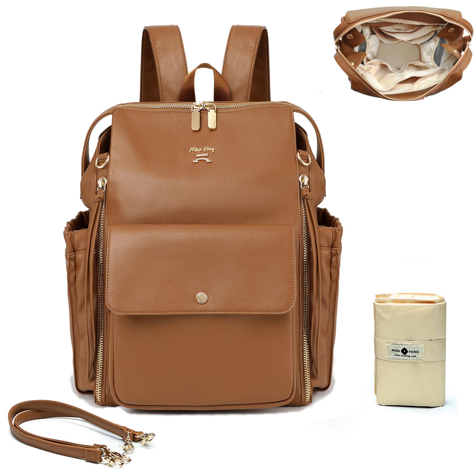 MISS FONG Wickelrucksack Wickeltasche Babytaschen Rucksack Groß Leder Baby Rucksack Kinderwagen Mom Mummy Bag Windeltasch Mit Wickelunterlage Unterwegs Schwarz Lässig Braun