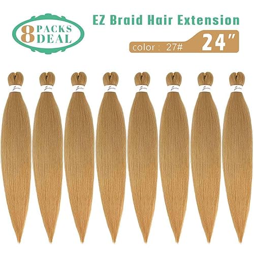 Miniatura 9 de 8 paquetes de extensiones de cabello trenzado profesional preestirado de 24 pulgadas, trenzas sintéticas de pelo EZ natural, trenzas de ganchillo de