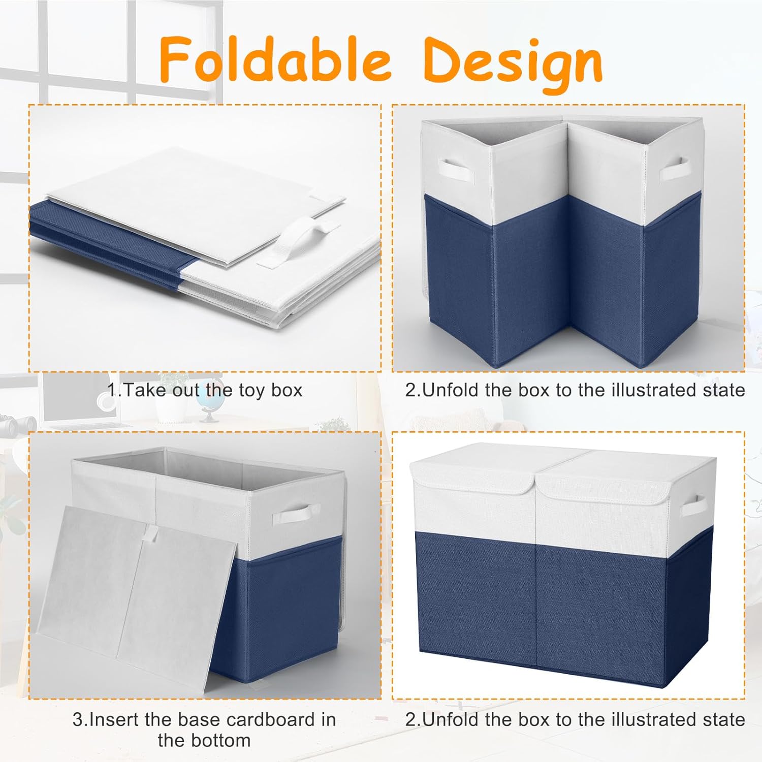 3 Pack Large Storage Bins Set 23" Toy Chest Storage with Lids and 11" Cubes Organizer Bins for Kids Bedroom Closet Shelf Organizer for Clothes Blankets Nursery Playroom(Navy White)