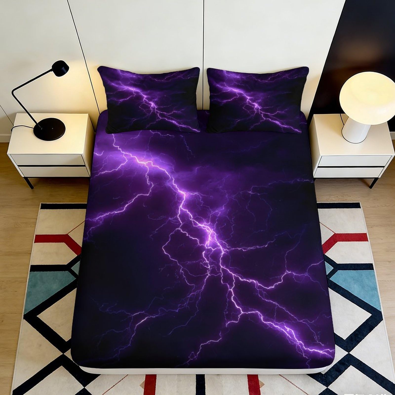 3D Printed Purple Lightning Thunder Fitted Sheet Microfiber Anti-Slip Bed Cover for Bedroom Dorm Mattress Protection Decor 180x200x25cm