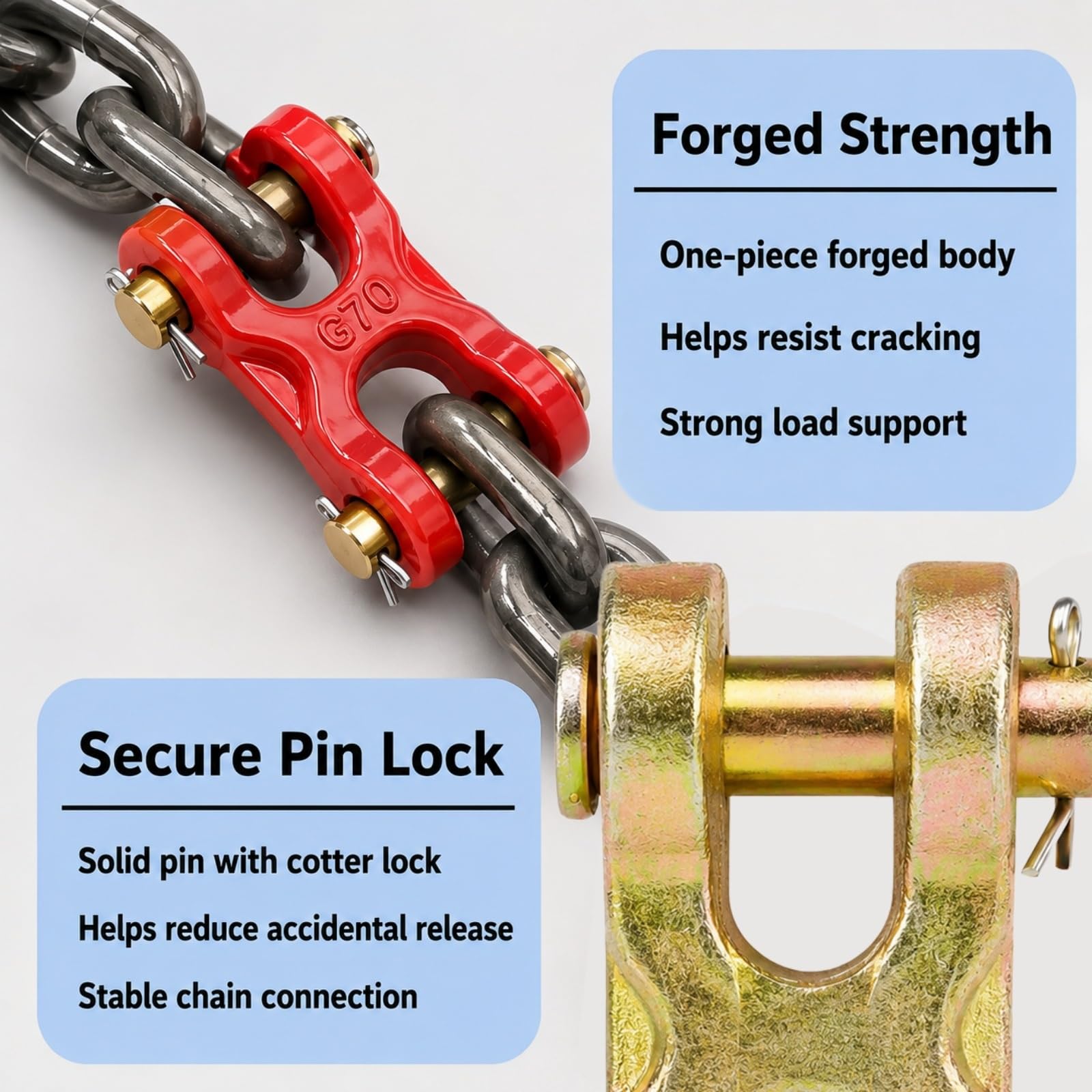 2 unidades G70 Twin Clevis Link 1/4-5/8 pulgadas conector de cadena de acero de aleación, enlace de aparejo resistente for remolque, remolque, seguridad de carga(Red,5/8 Inch)