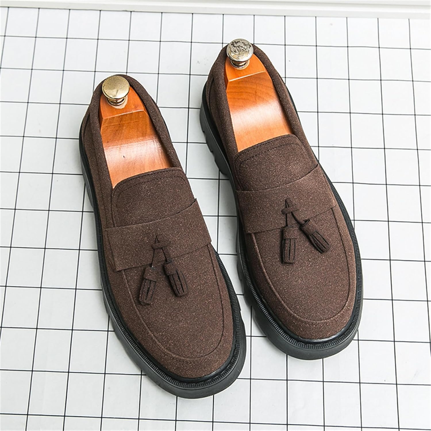 Men's Suede Leather Slip On Tassel Platform Loafers Vintage Round Toe Non-Slip Luxury Formal Shoes Casual Business Penny Dress Loafers