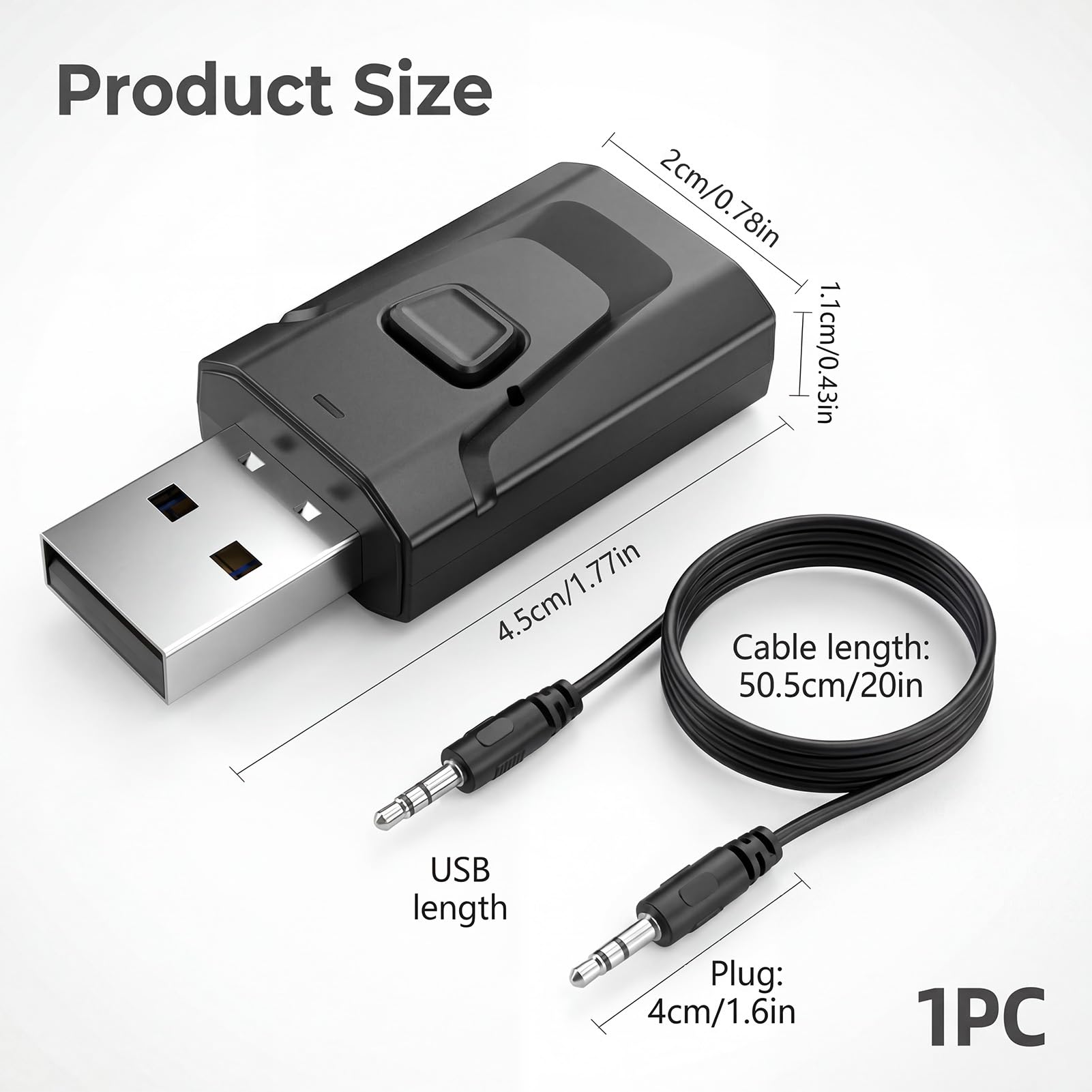 Adaptador Bluetooth USB 5.0 Transmisor y Receptor 2 en 1 con Jack 3,5 mm, Audio Estéreo Inalámbrico para TV, PC, Coche, Altavoces y Auriculares, Manos Libres, Plug & Play Sin Retraso