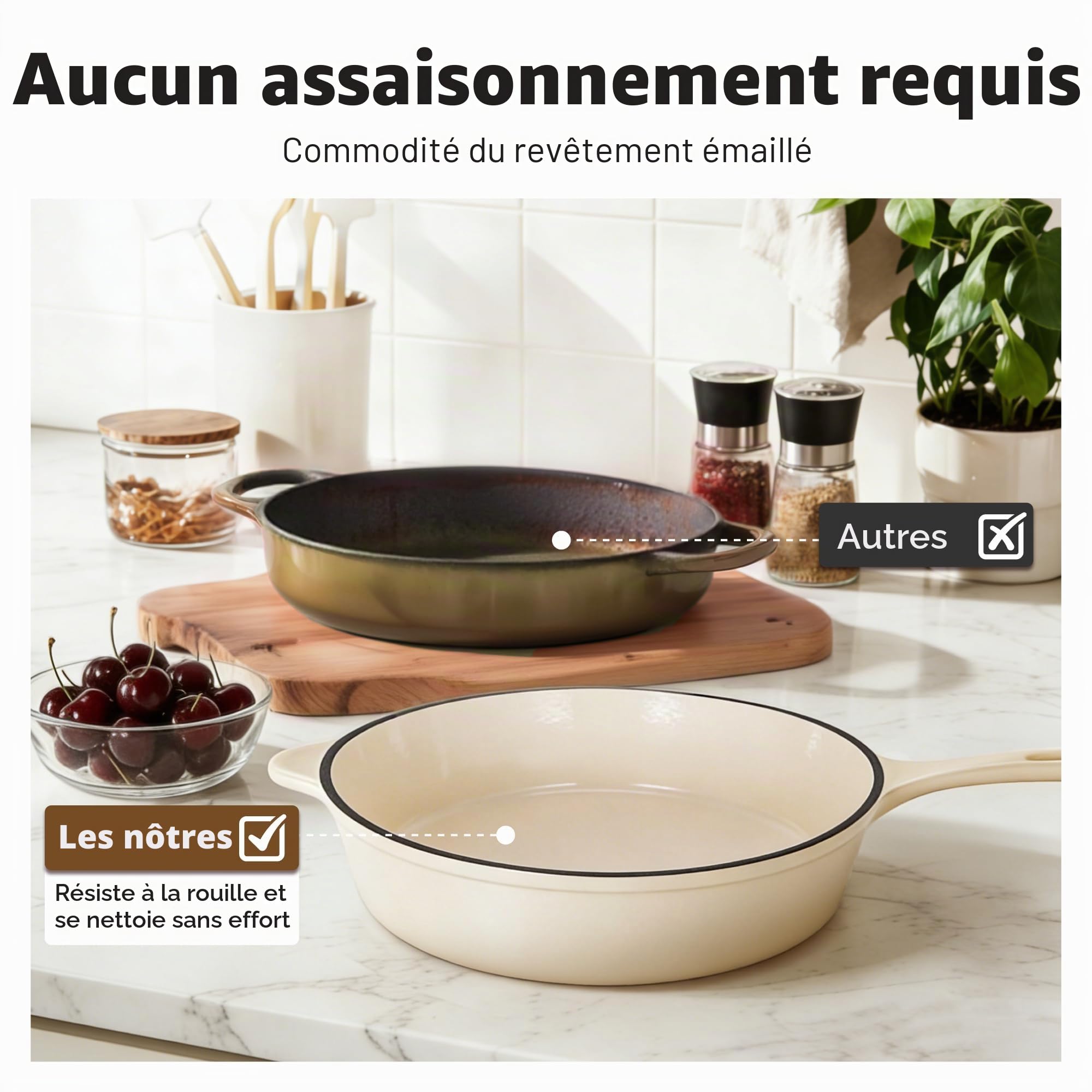 Kitchen Academy Lot de 7 Casseroles en Fonte émaillée Induction Beige Casseroles et Poêles Antiadhésif, Cocotte Fonte Émaillée avec Couvercle non Toxique Batterie de Cuisine Tous Feux