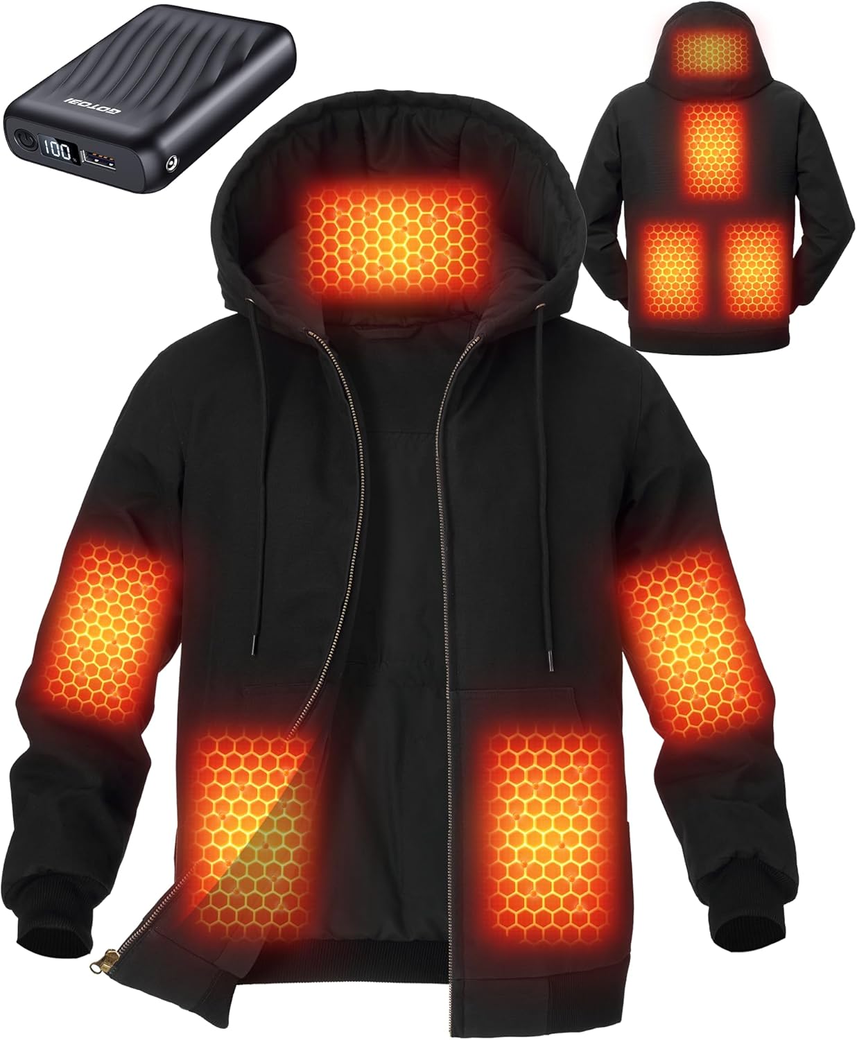 Graphene Heated Jackets for Men with 12V 18400mAh Battery Pack, Uniform Warm Canvas Hooded Coat for Winter Outdoor