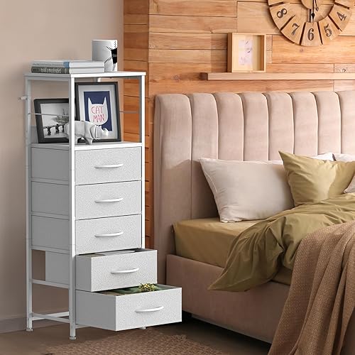 Miniatura 2 de Cómoda pequeña para armario, torre de almacenamiento con cajones, cómoda blanca con 5 cajones de almacenamiento, mesita de noche blanca con cajones
