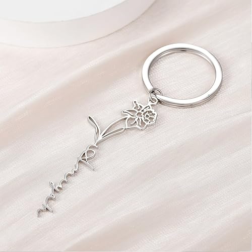 Miniatura 3 de Custom Birth Flower Keychain with Name,Personalized 18K Gold Plated KeyChains Engraved Handmade Key Chain Christmas Wedding Birthday Gifts for Women