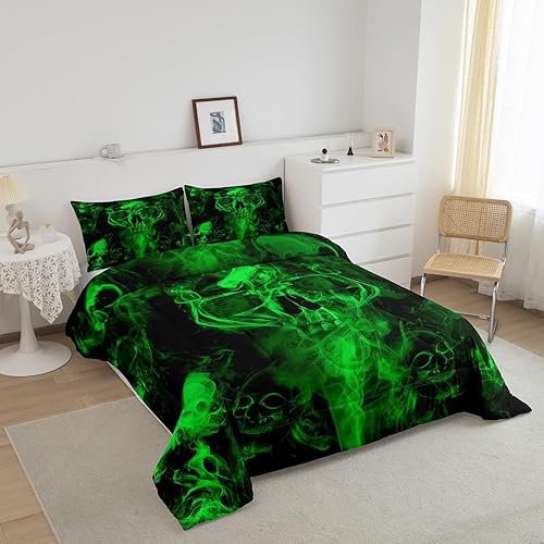 Miniatura 3 de Erosebridal Juego de edredón de calavera verde, juego de ropa de cama de esqueleto gótico para Halloween, para niños, adolescentes, adultos y