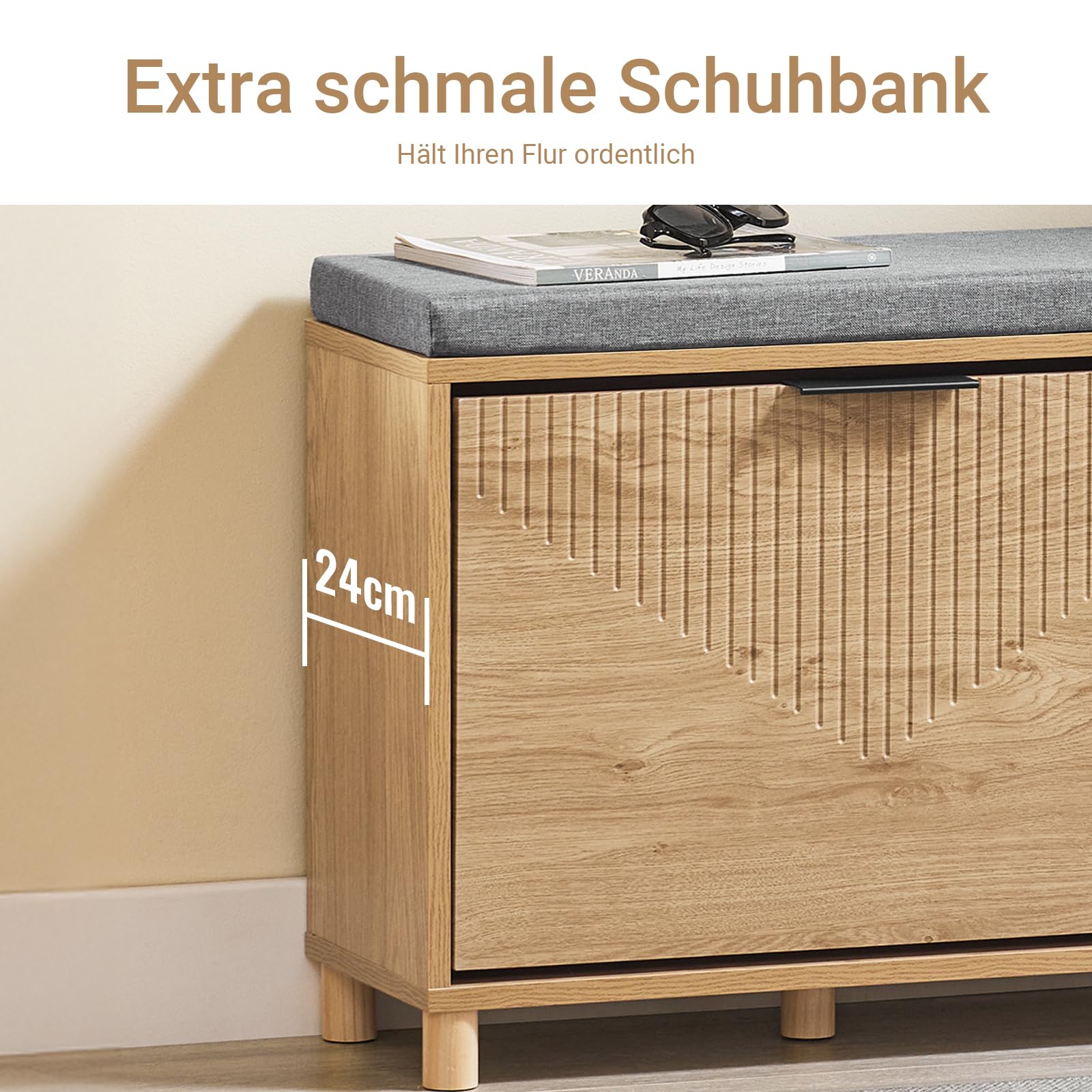 SoBuy Schuhbank mit Sitzfläche Schuhregal schmal mit Stauraum – Klappfach Schuhschrank – Sitzbank mit Polster für Flur, Schlafzimmer – 60x24x50cm, bis 118kg, Sonoma Eiche + Grau, FSR199-N