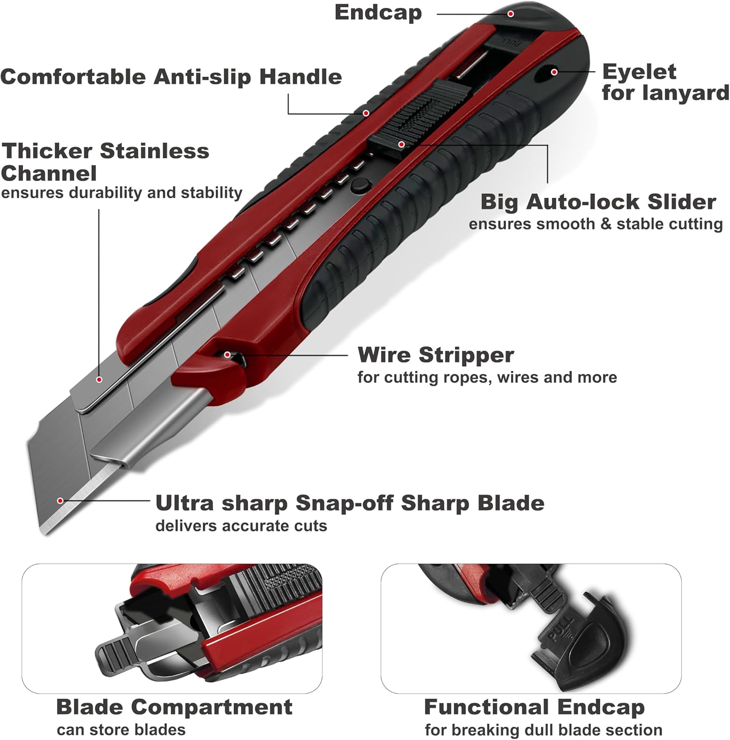 HAUTMEC 25mm Utility Knife Set, Heavy Duty Auto-Lock, Retractable Box Cutter, Wire Stripper Design, with extra 10pcs Ultra sharp Snap-off Sharp Blades HT0205-KN