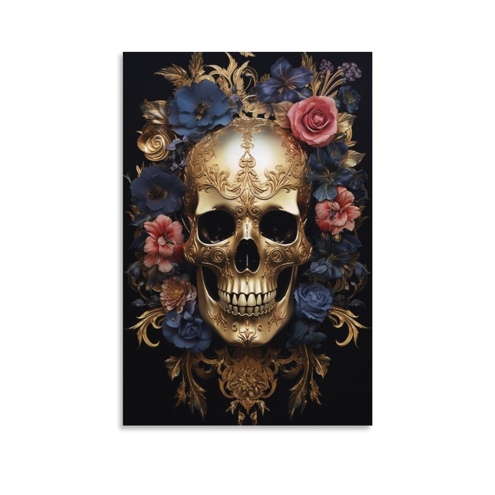 FOCCAR Gorgeous Skull Wall Art Prints Colorful Gothic Flower Skeleton Pictures on Canvas Poster Wall Decor for Bedroom Home Decorations