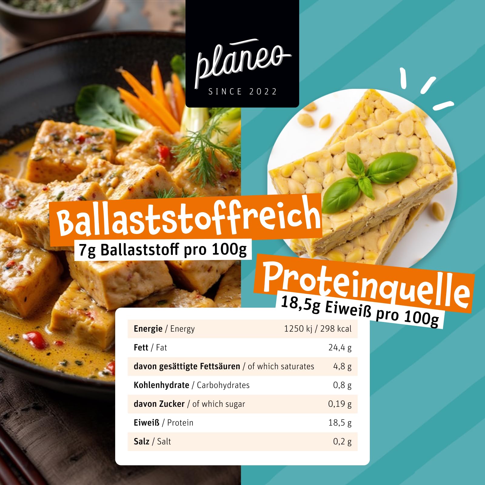 Planeo Tempeh Natur 6x200g - Beste Qualität - Lange, ungekühlt haltbar - Soja aus der EU - Planeo (6 x 200g)