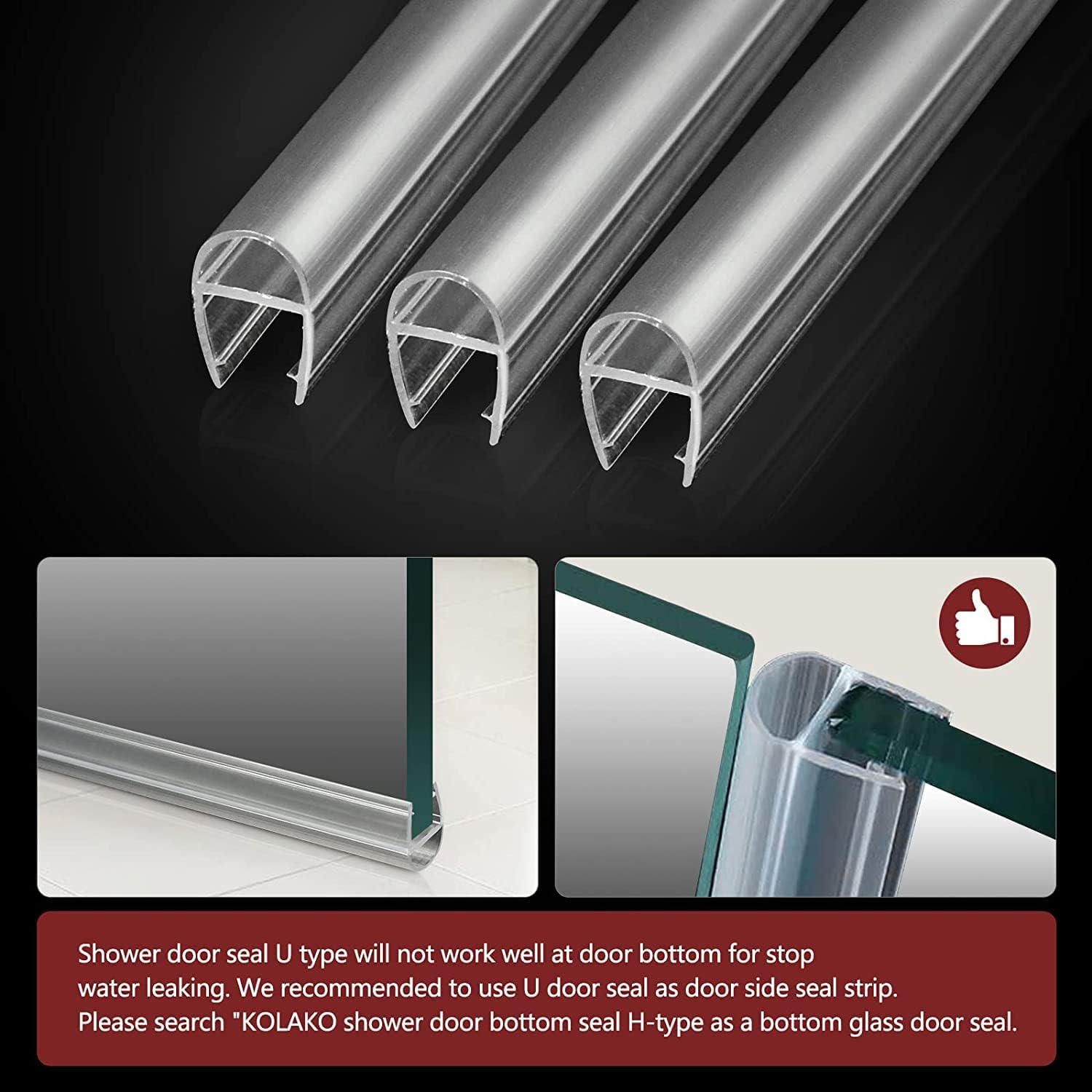 Shower Door Bottom Seal Strip, Frameless Shower Glass Door Side Seal Sweep for 5/16Inch, 39Inch Shower Door Seal Each - Includes 3 Pack H-Type Door Side Seal and 3 Pack U-Type Seal Strips to Stop Leak