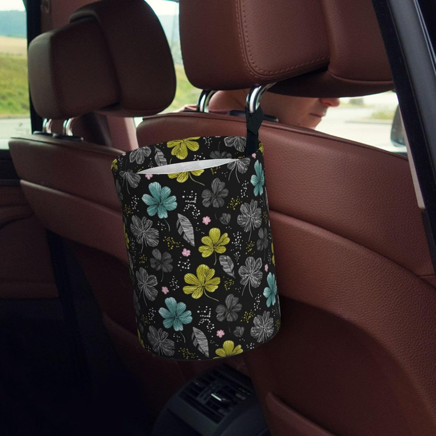 Black Floral Car Trash Can 7x5.9 in,Hanging Garbage Bin Reusable Auto Waste Container Leak Resistant Storage Bag for SUV Truck Rv Seat Back Console Door Organizer image 5