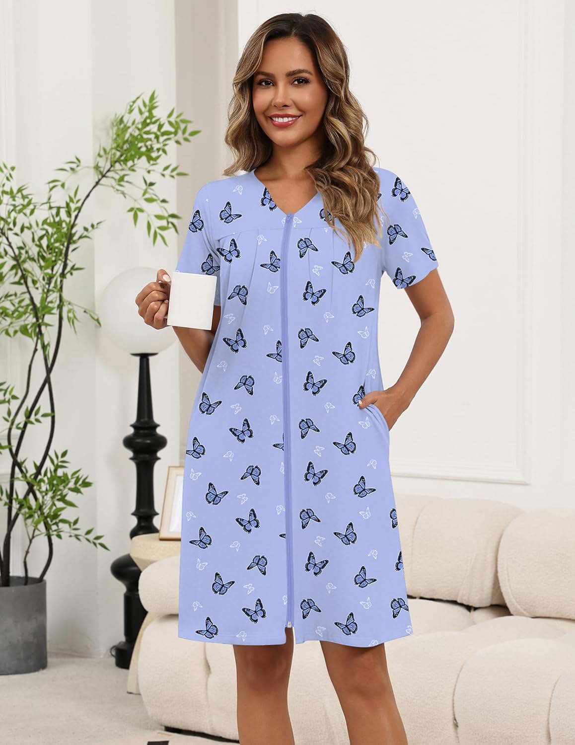 Ekouaer Zipper Robes for Women Short Knit Bathrobes Lightweight Knee Length Housecoat with Pockets Nightgown S-3XL - Image 4