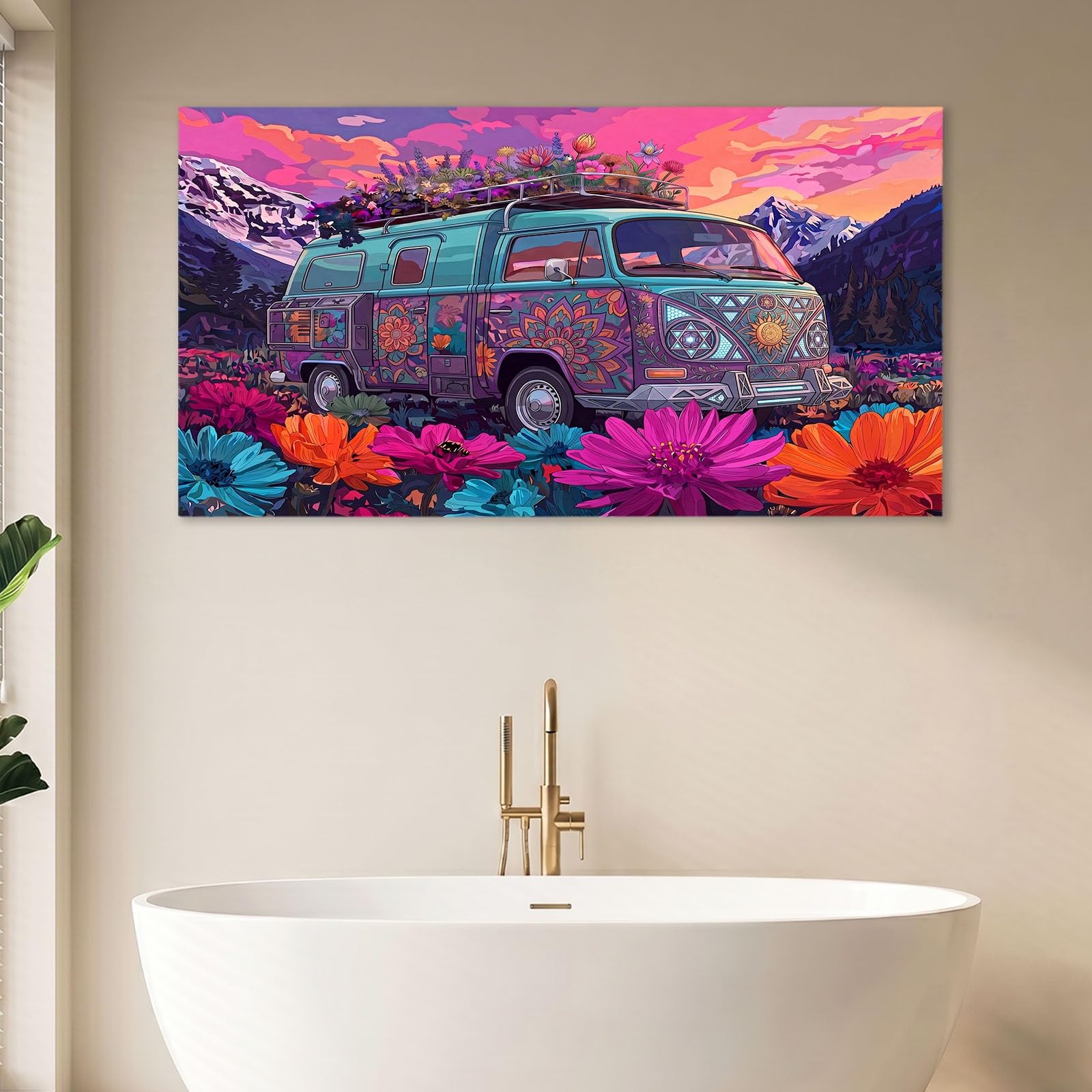 Generisch Lienzo de pared con marco de madera, imágenes de pared estéticas de paisajes cómicos, decoración de pared de flores de autobús, fácil montaje para sala de estar, dormitorio, hogar, 140 x 70