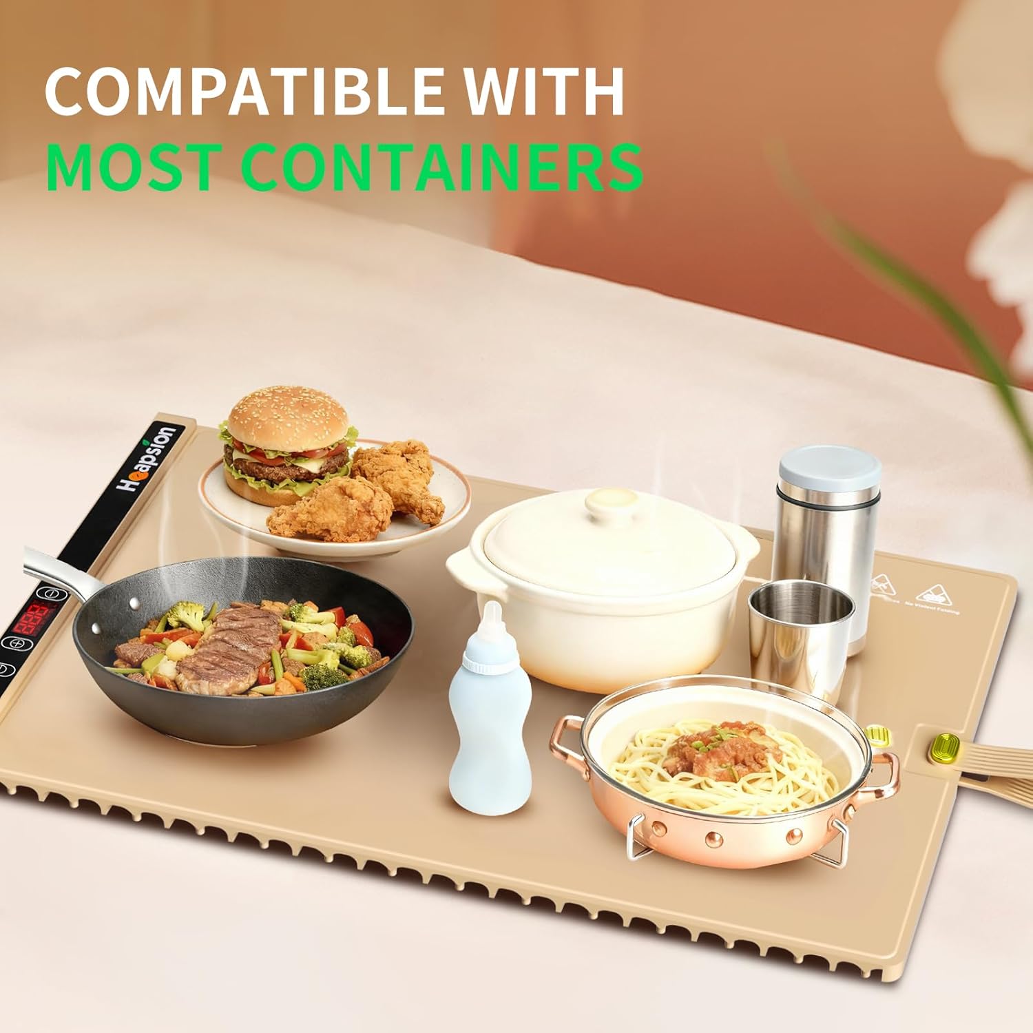 Heapsion Food Warming Mat, Electric Plate with 6 Level Temp 5 Hour Timer, 24x15'' Roll-Up Portable Warming Tray for Dinner Parties, Gatherings, and Holidays (Beige)