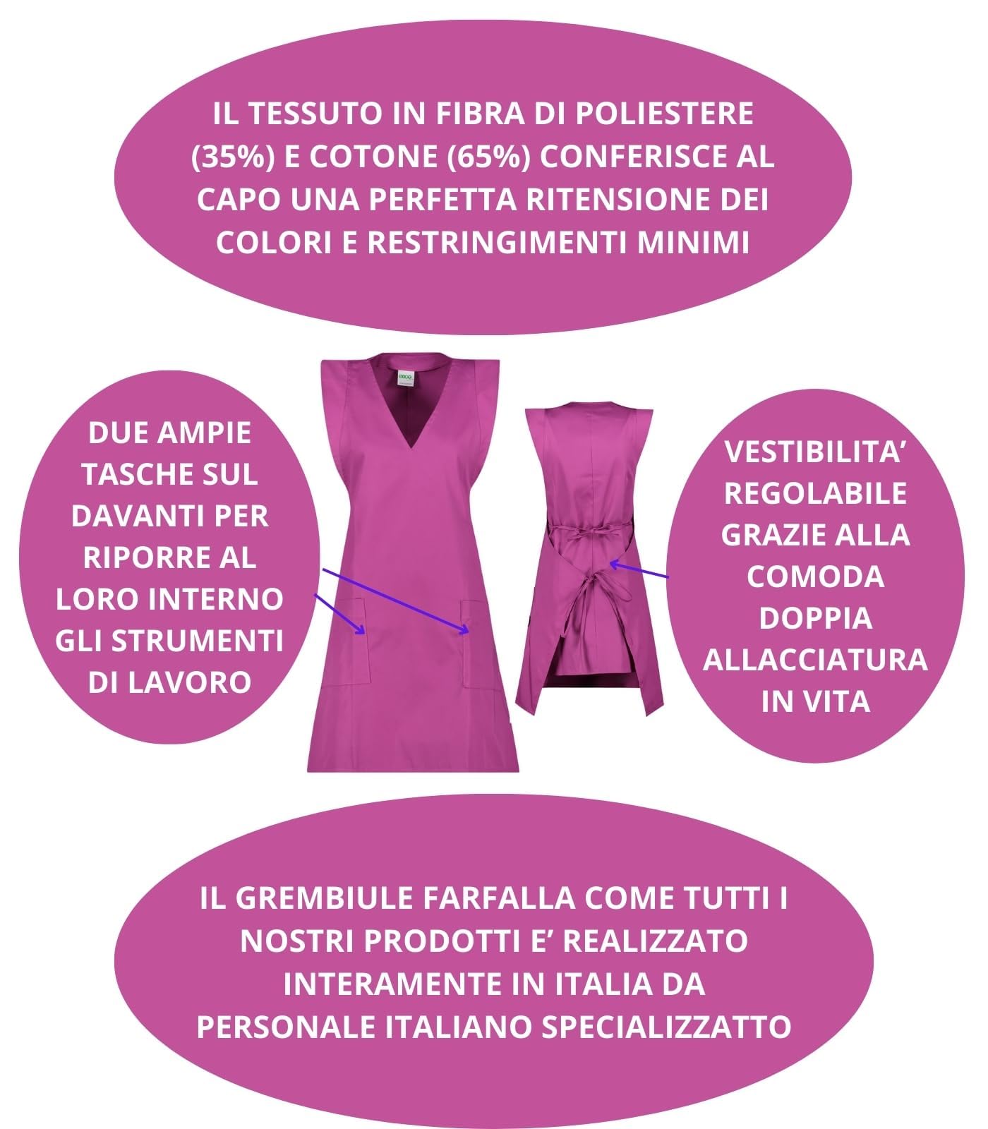 Siry Work Copriabito Donna Scollo a V 2 Tasche Art. Farfalla 35% Cotone 65% Poliestere MADE IN ITALY, Ideale per Estetiste, Parrucchiera, Cameriera, Panetterie, Donne Pulizie